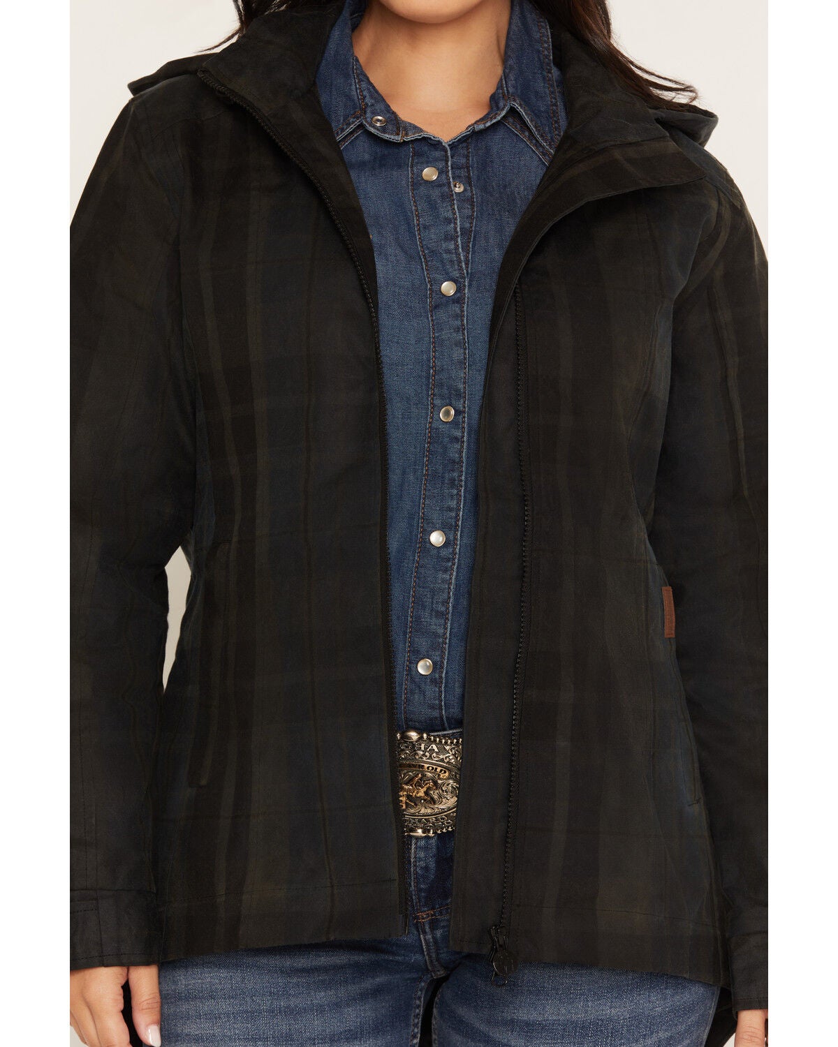 Image #3 - Outback Trading Co Women's Hattie Waxed Plaid Hooded Rain Jacket, Green, hi-res