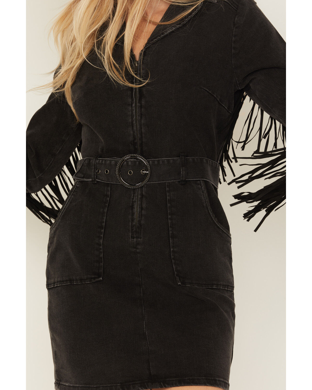 Image #3 - Idyllwind Women's Fringe Long Sleeve Stretch Denim Mini Dress, Black, hi-res