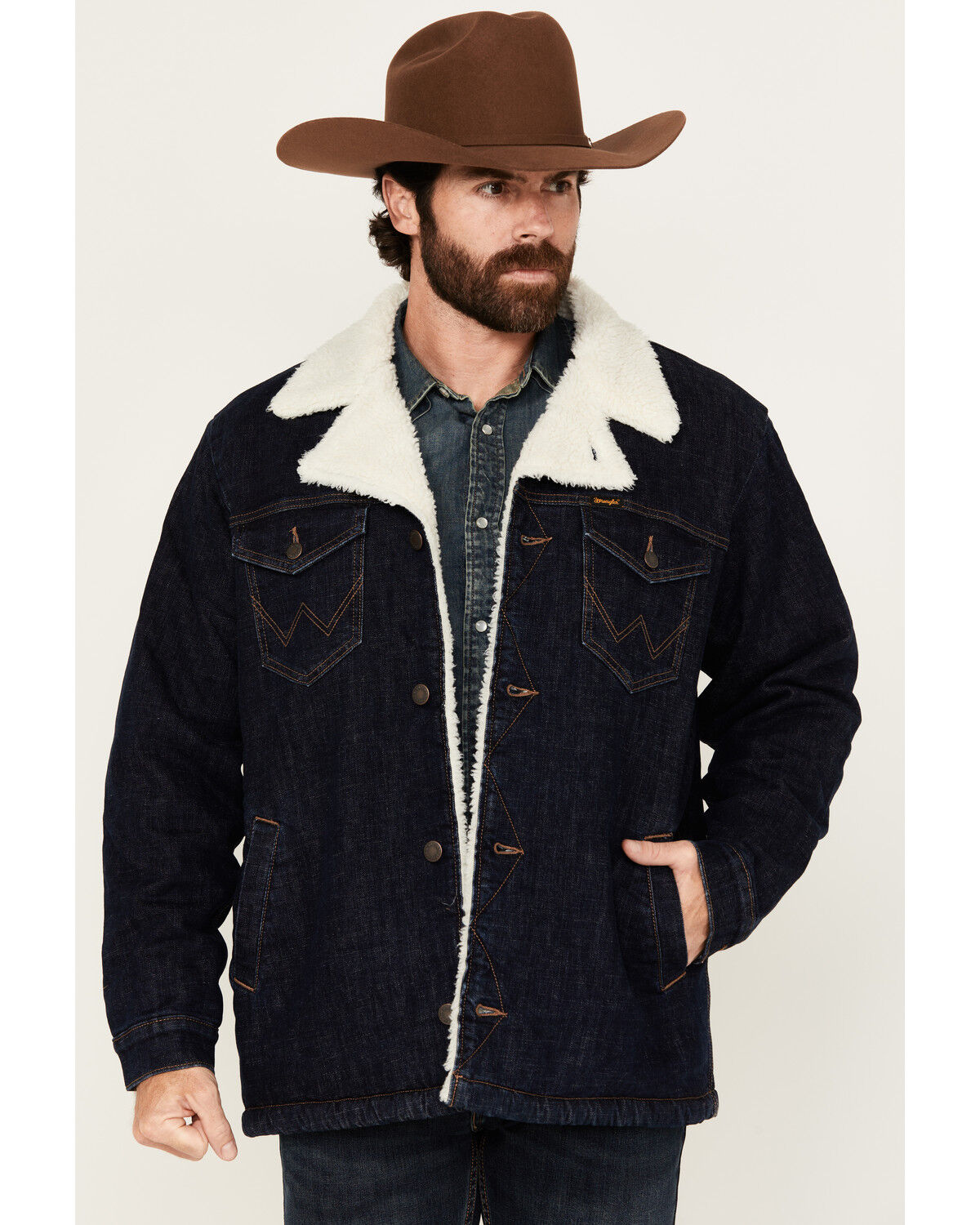 Image #1 - Wrangler Men's Archive Long Sherpa Lined Button-Down Denim Jacket, Dark Wash, hi-res