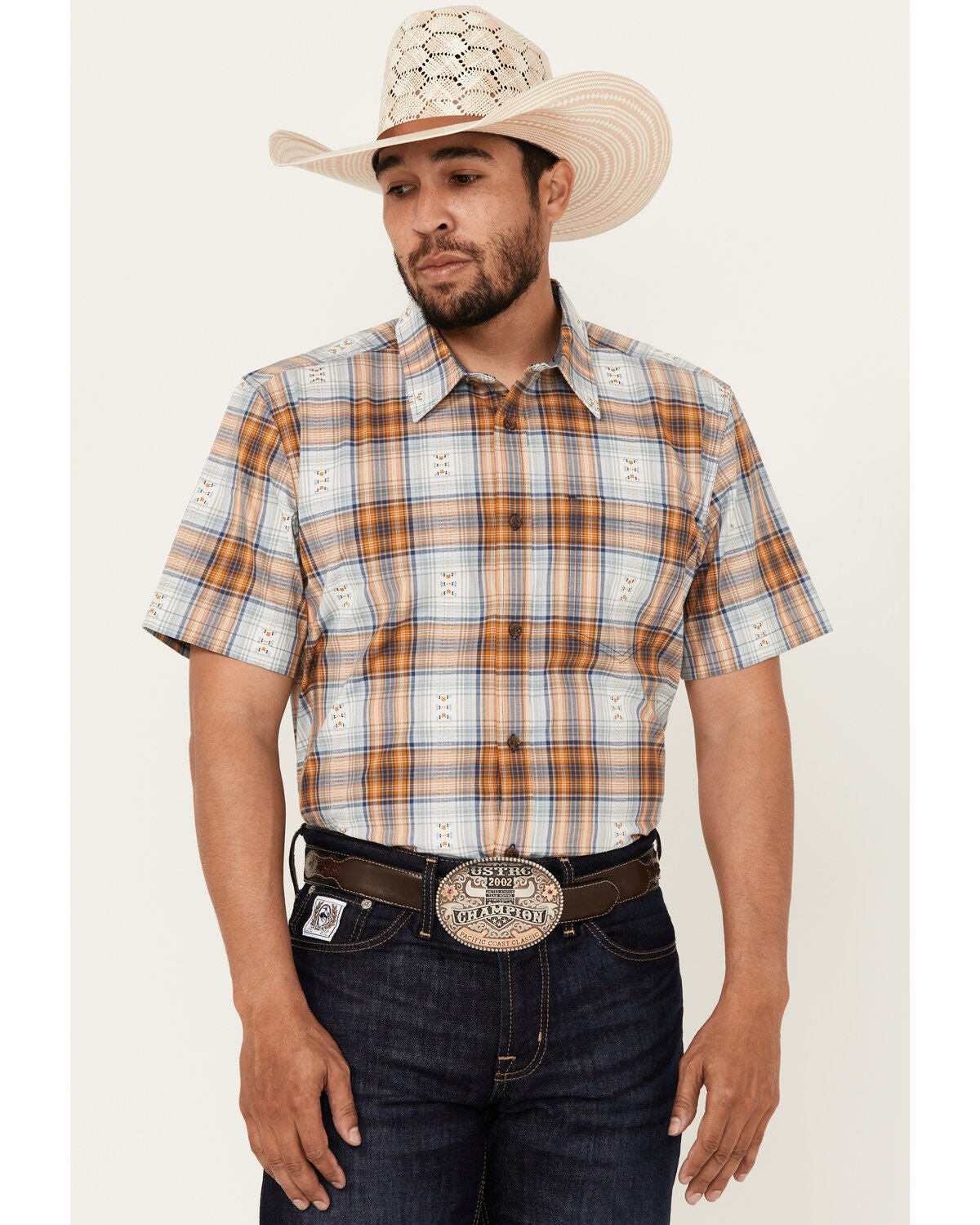 Cody James Men's Spur Dobby Plaid Print Short Sleeve Button-Down Stretch Western Shirt, Ivory, hi-res