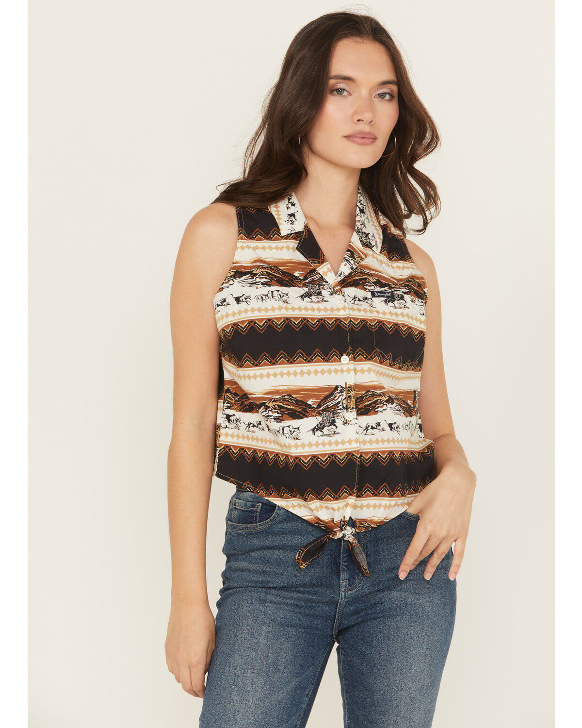 Image #1 - Wrangler Retro Women's Southwestern Print Sleeveless Button-Down Tie-Front Western Shirt, Brown, hi-res