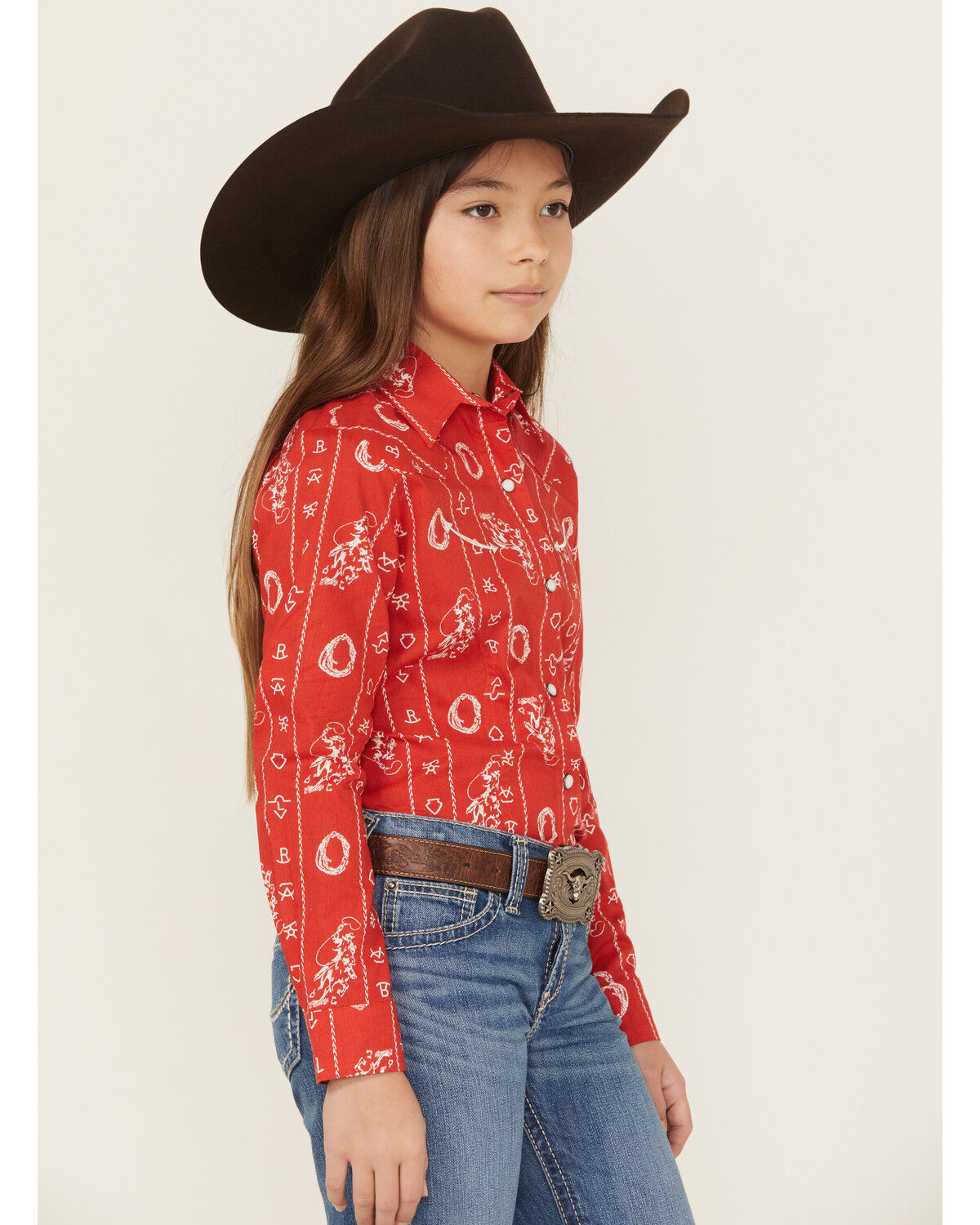 Image #3 - Cruel Girl Girls' Printed Long Sleeve Pearl Snap Western Shirt, Red, hi-res
