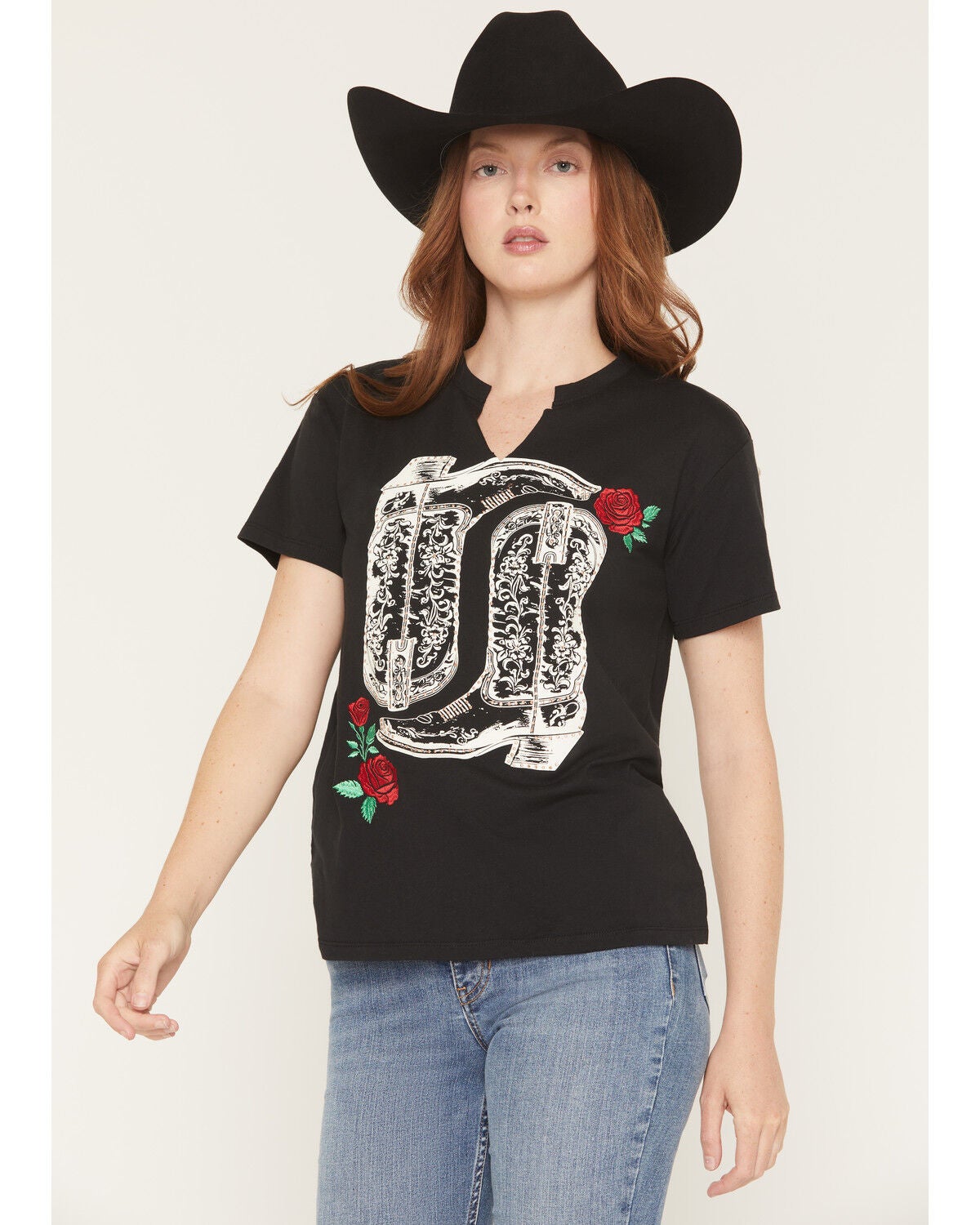 Blended Women's Boot Rose Short Sleeve Graphic Tee, Black, hi-res