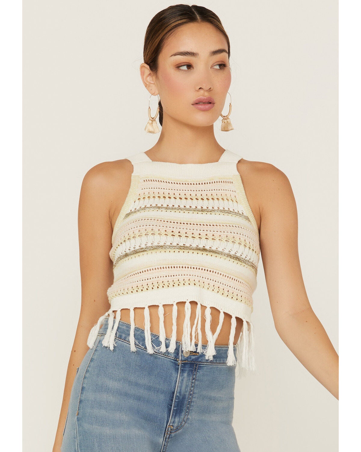 Shyanne Women's Sleeveless Pointelle Melange Knit Sweater, Ivory, hi-res