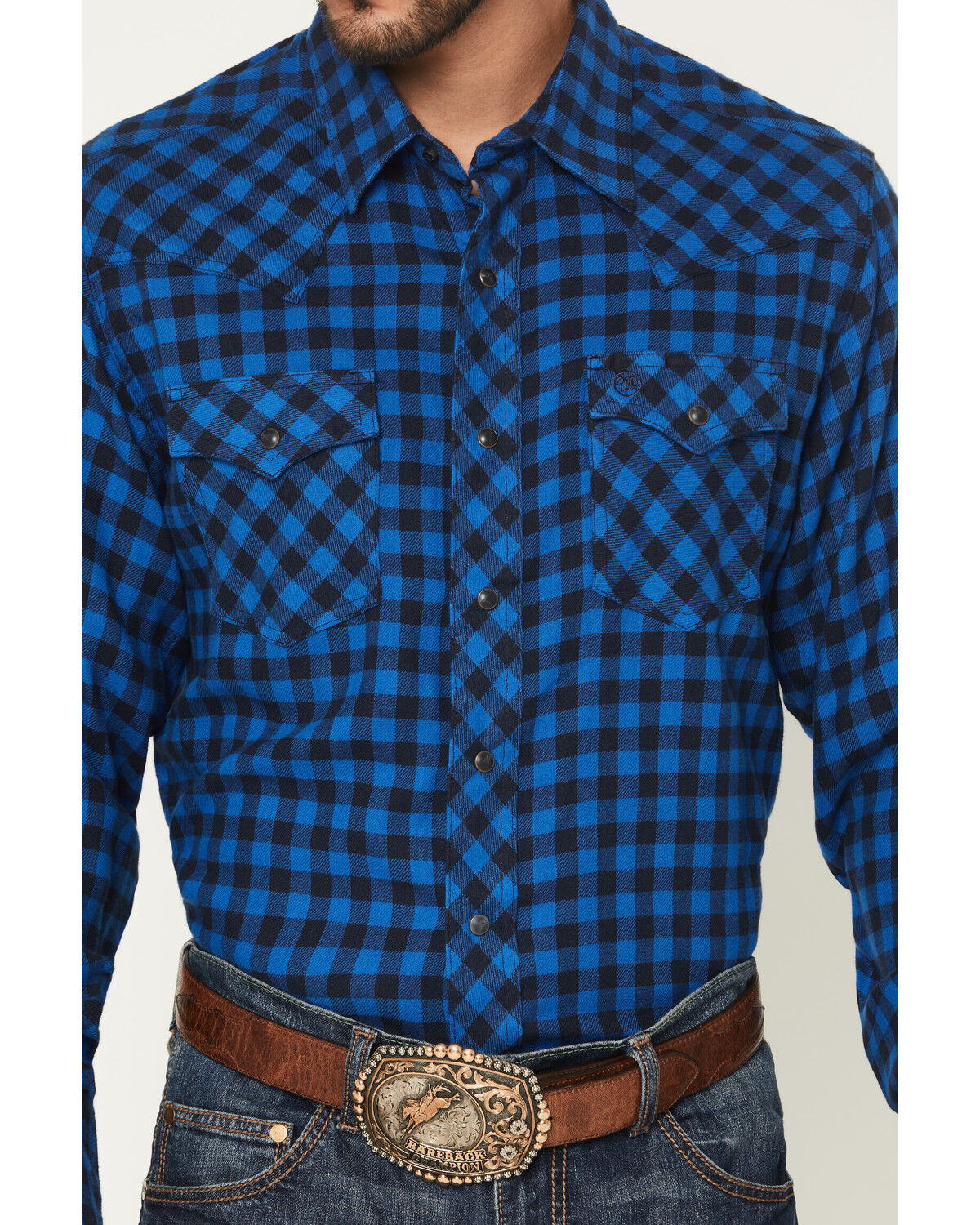 Image #3 - Wrangler Retro Men's Plaid Print Long Sleeve Snap Flannel Shirt, Blue, hi-res