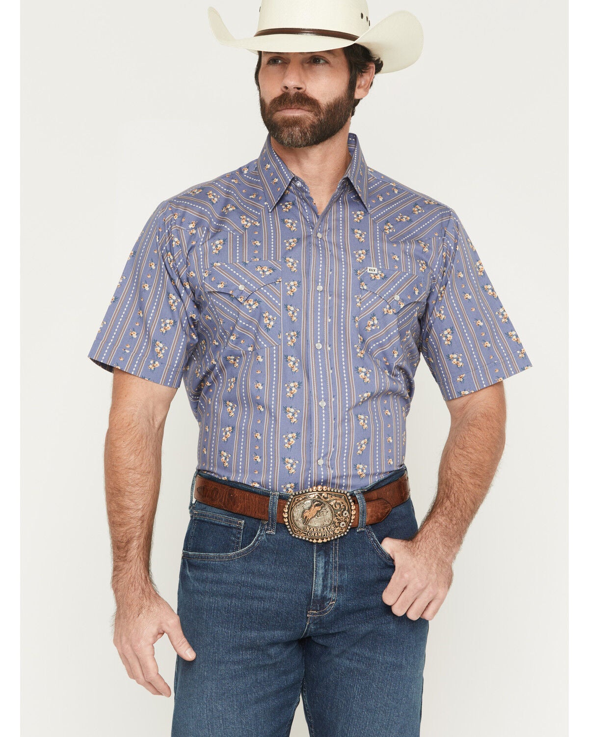 Ely Walker Men's Wallpaper Floral Short Sleeve Pearl Snap Western Shirt, Blue, hi-res