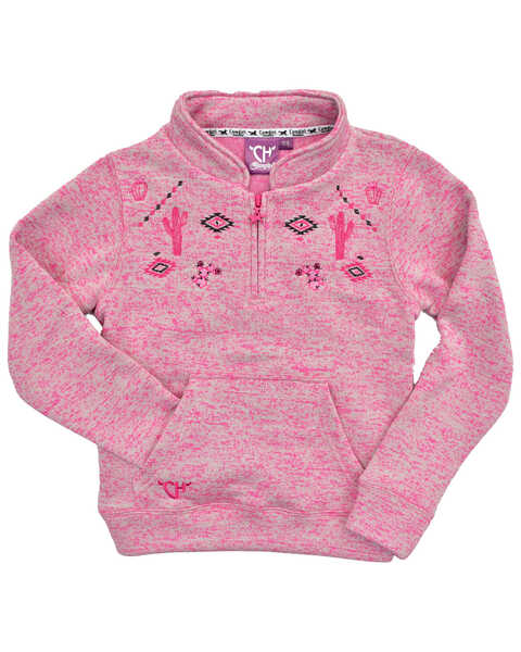 Cowgirl Hardware Girls' Pink Cactus 1/4 Zip Fleece Pullover, Pink, hi-res