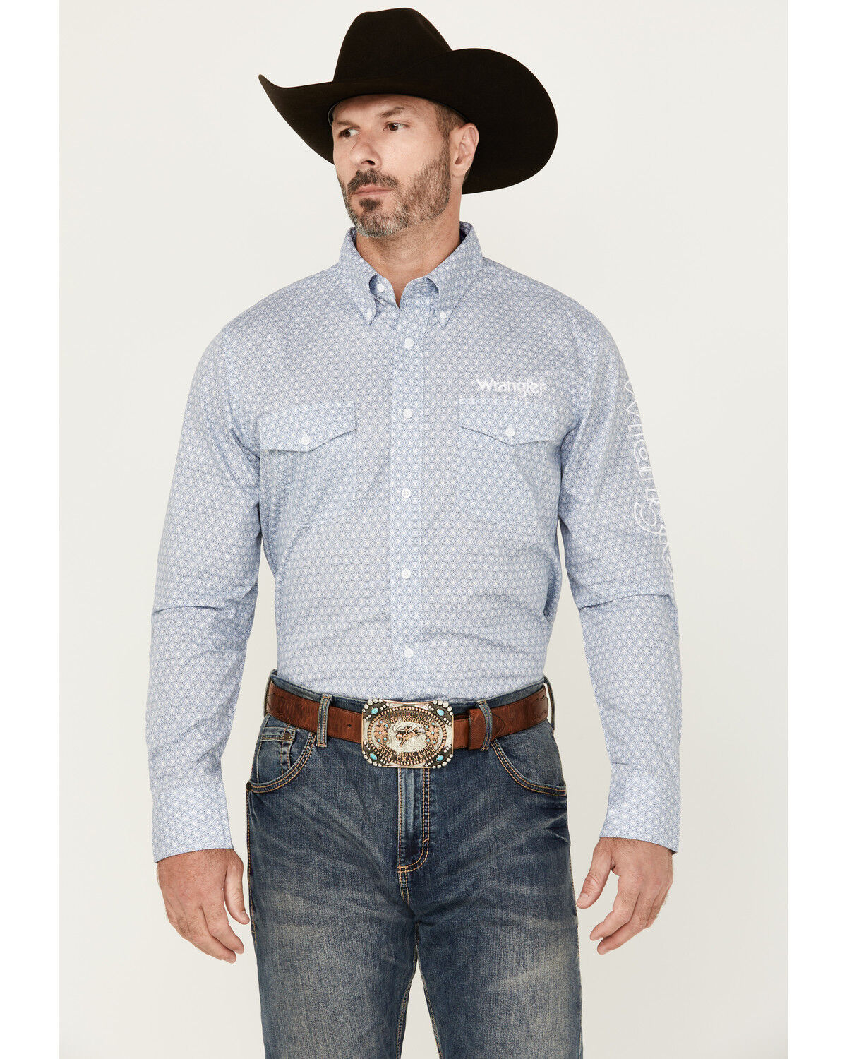 Image #1 - Wrangler Men's Logo Geo Print Long Sleeve Button-Down Western Shirt, Light Blue, hi-res