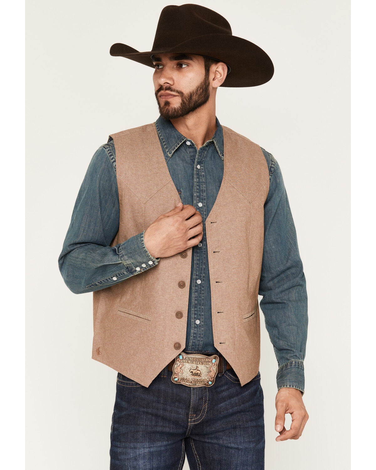 Cody James Men's Chambray Button-Down Vest, Khaki, hi-res