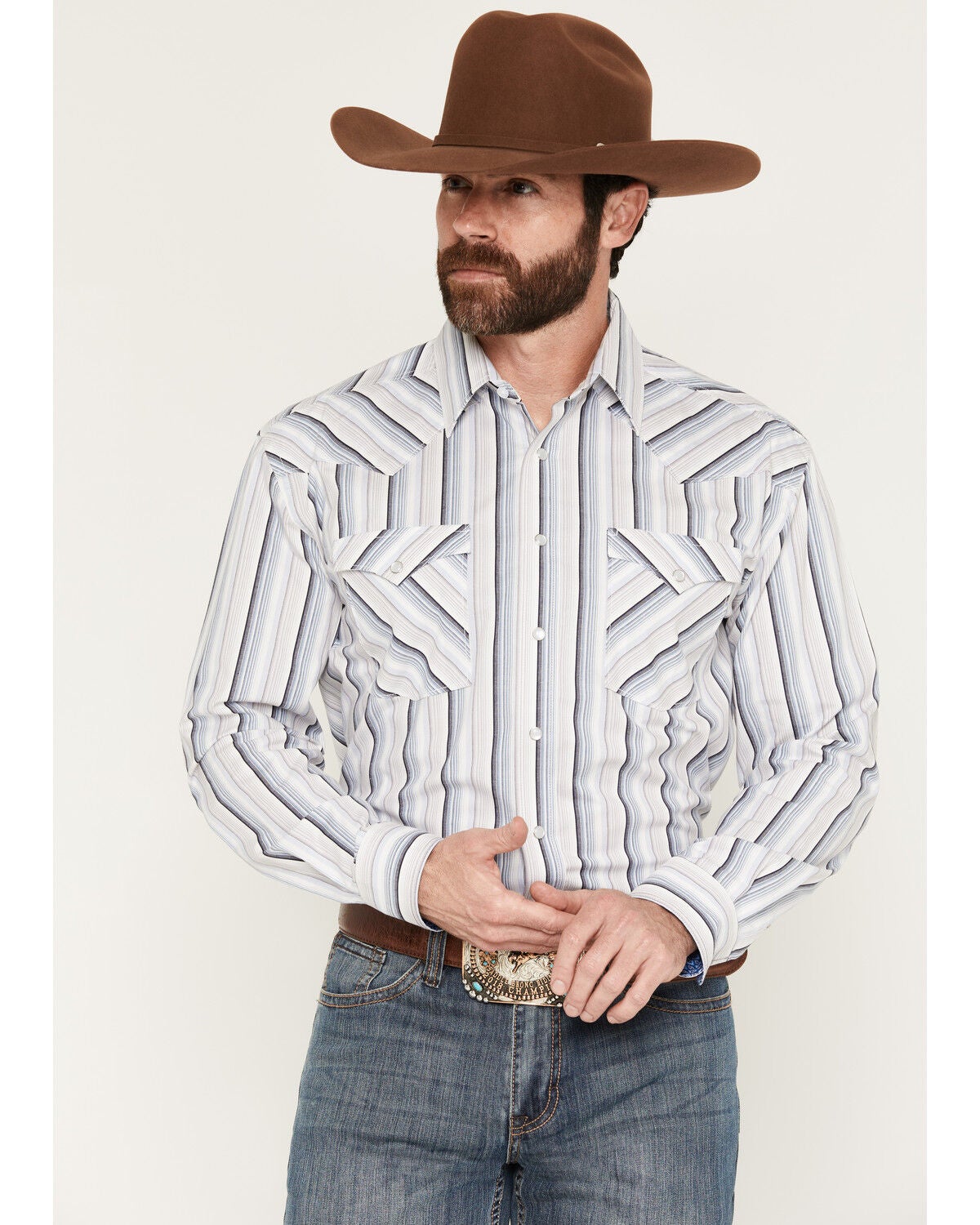 Panhandle Slim Men's Striped Long Sleeve Snap Stretch Western Shirt, Blue, hi-res