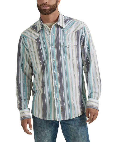 Wrangler Retro Men's Vertical Striped Print Long Sleeve Snap Western Shirt - Tall , Cream, hi-res