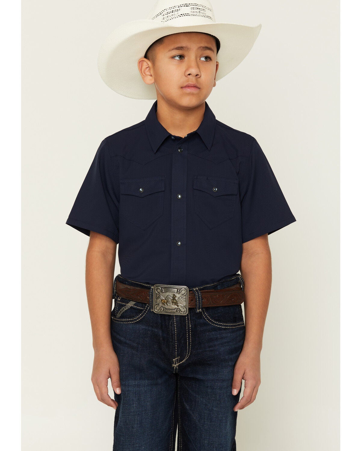 RANK 45&reg; Boys' Ridge Solid Short Sleeve Pearl Snap Performance Western Shirt, Navy, hi-res