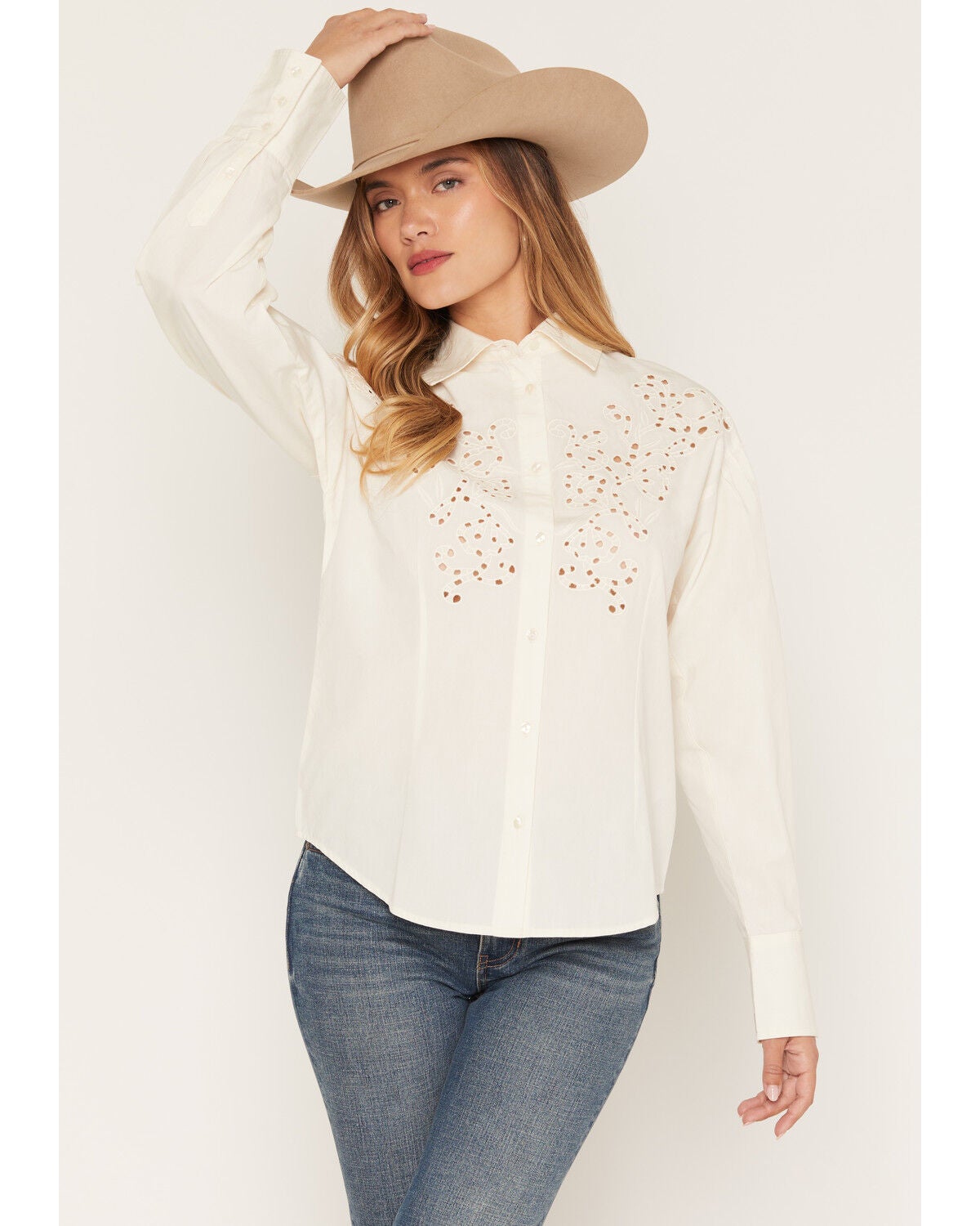 Shyanne Women's Clover Embroidered Cutout Balloon Sleeve Top, Natural, hi-res