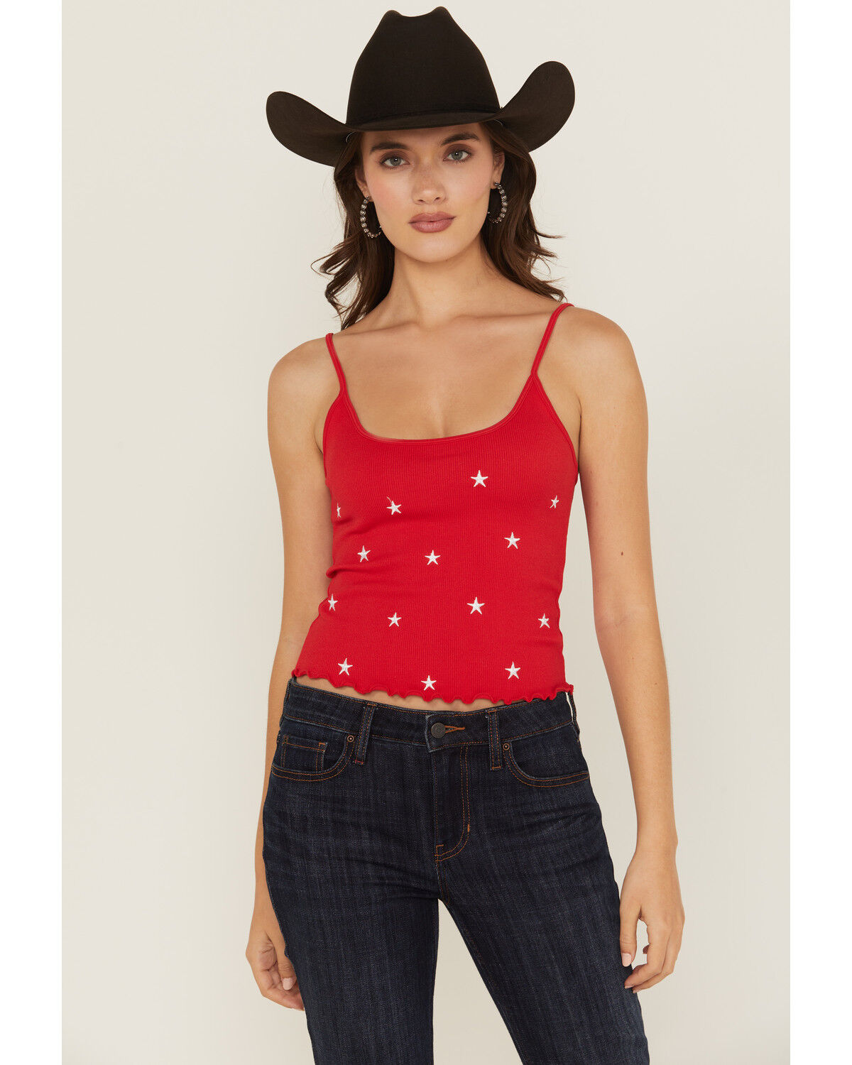 Fornia Women's Star Embroidered Sleeveless Cropped Tank Top, Red, hi-res