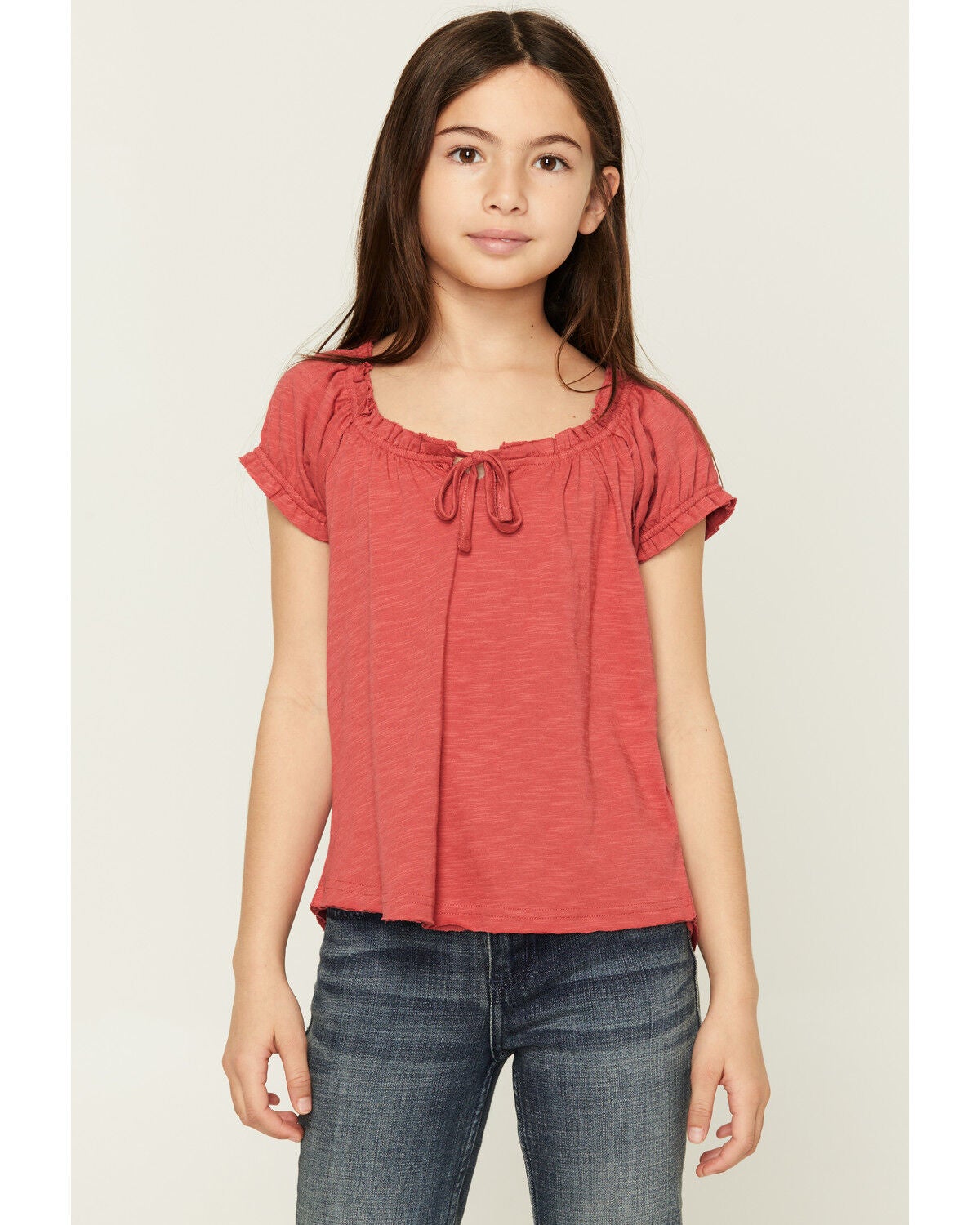 Image #1 - Shyanne Girls' Bow Front Short Sleeve Top, Dark Red, hi-res