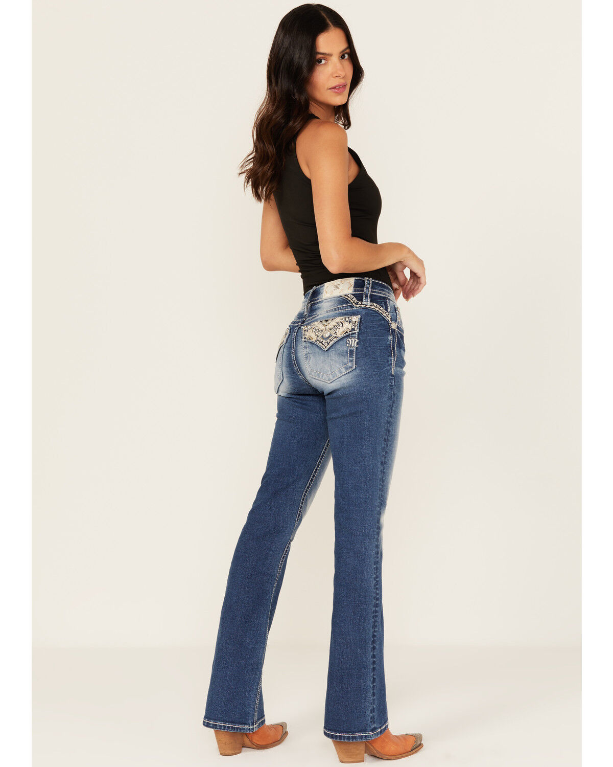 Image #1 - Miss Me Women's Medium Wash Mid Rise Southwestern Print Pocket 32" Bootcut Stretch Denim Jeans, Medium Wash, hi-res