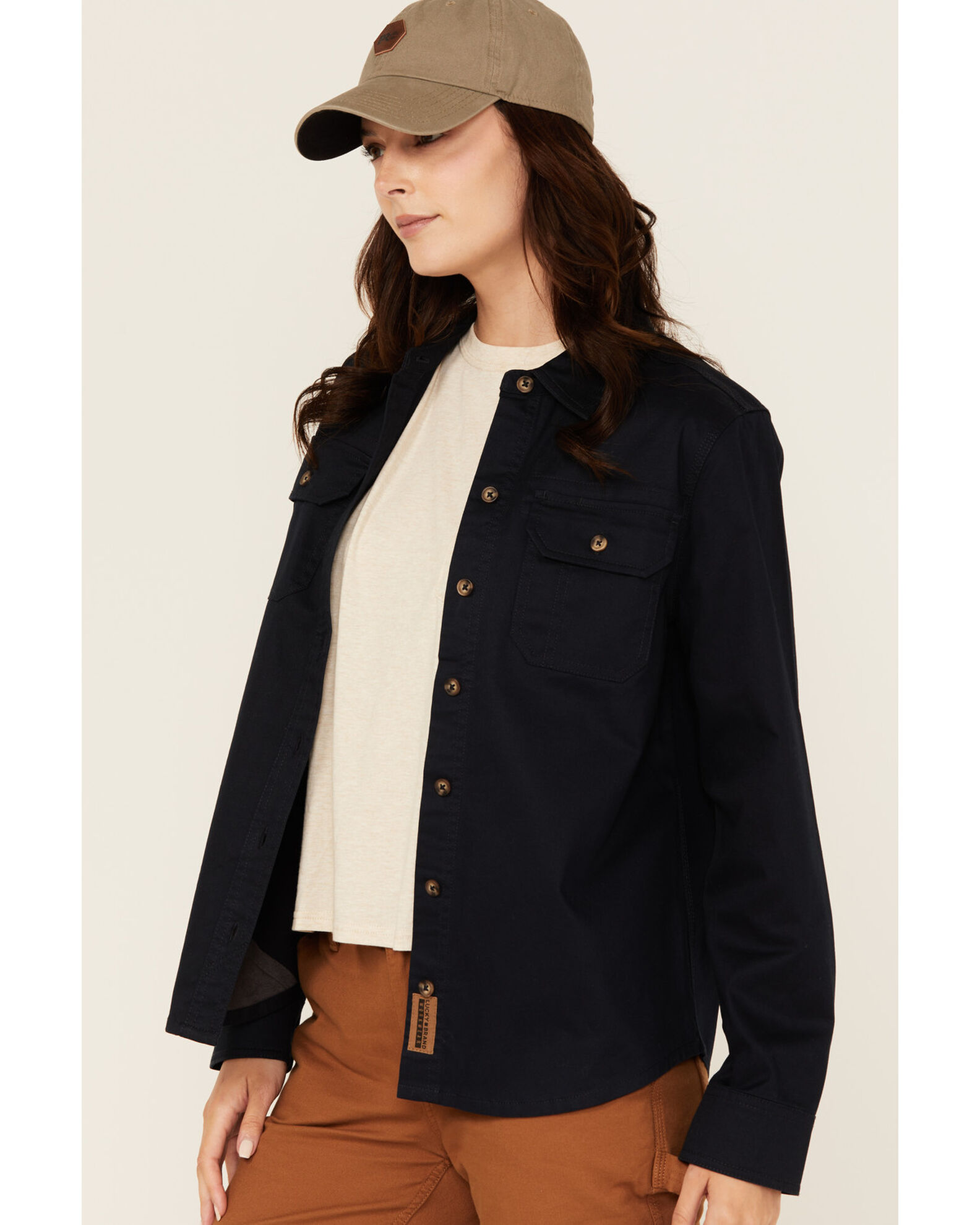 Image #2 - Lucky Brand Workwear Women's Solid Twill Long Sleeve Button-Down Stretch Work Shirt, Navy, hi-res