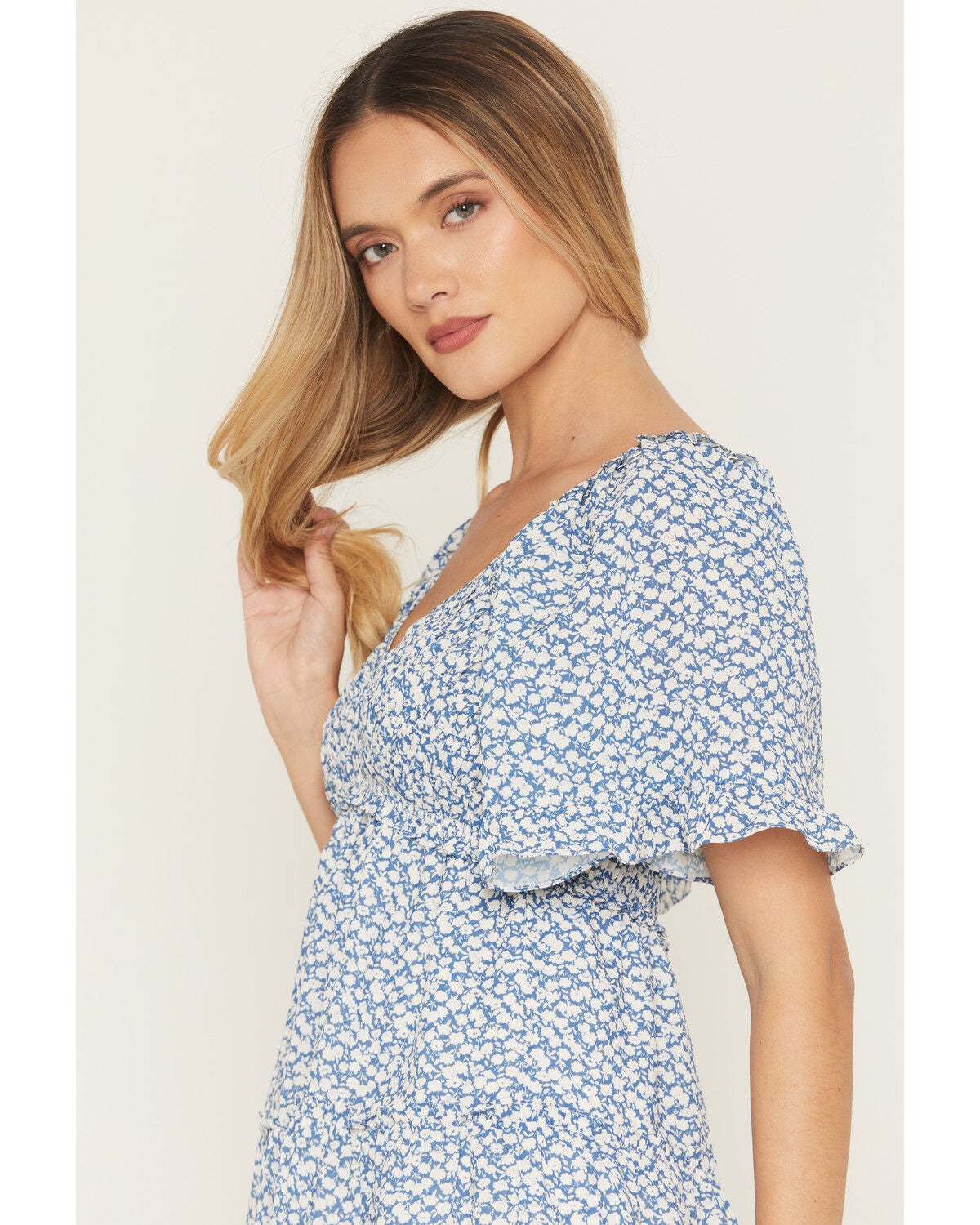 Product Name:  Yura Women's Boot Barn Exclusive Floral Print Smocked Front Tiered Mini Dress