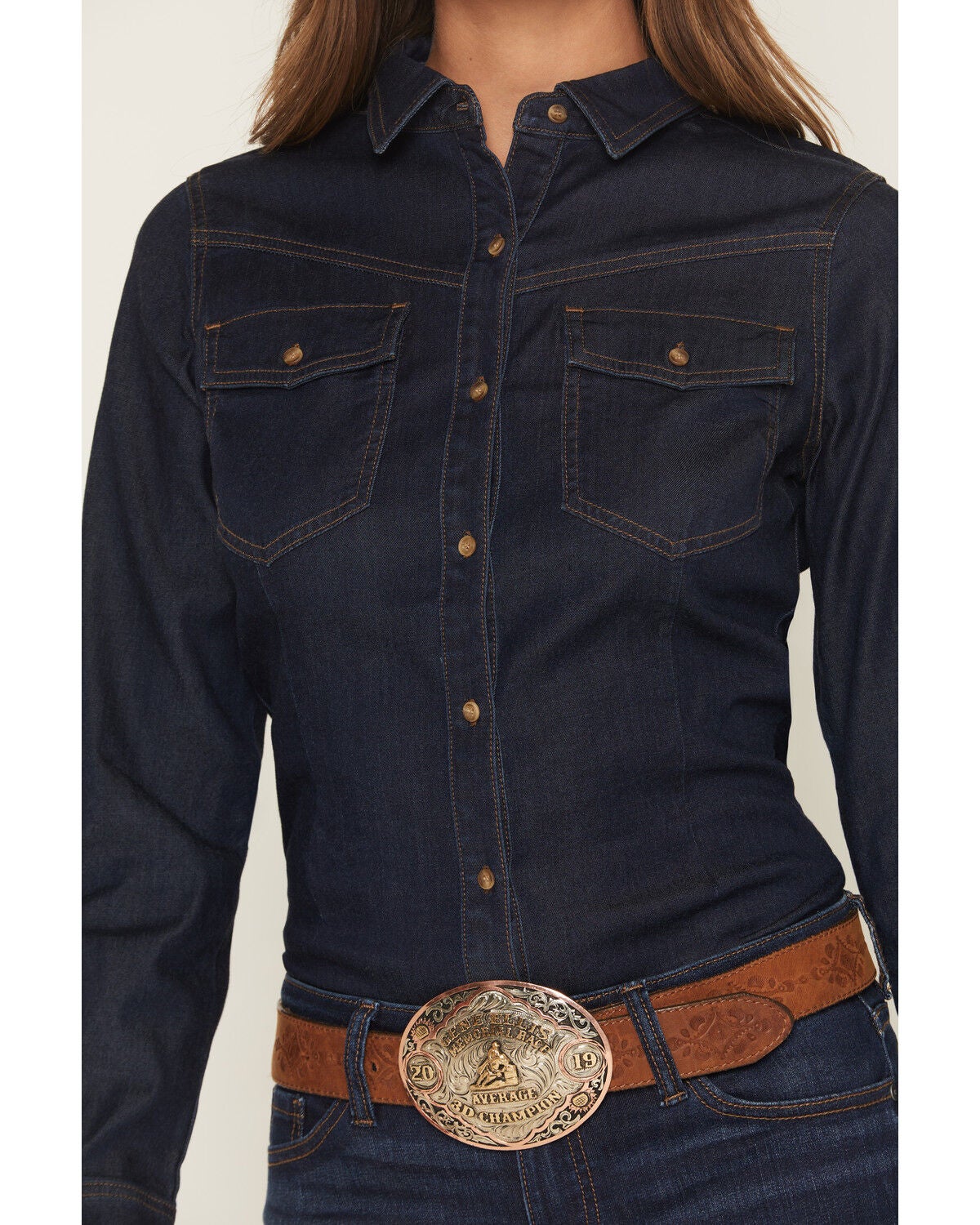 Image #5 - Shyanne Women's Bella Dark Wash Denim Long Sleeve Button-Down Stretch Western Shirt, Dark Wash, hi-res