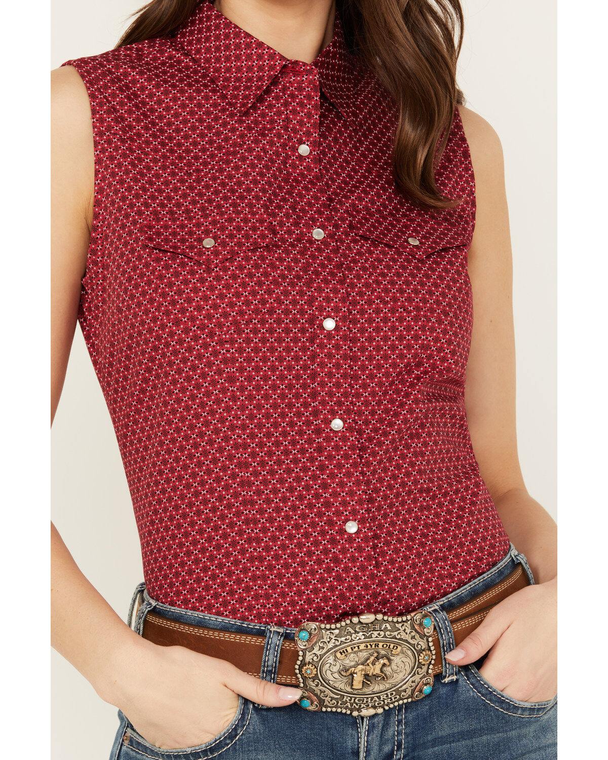 Image #3 - Ely Walker Women's Geo Print Sleeveless Pearl Snap Western Shirt, , hi-res