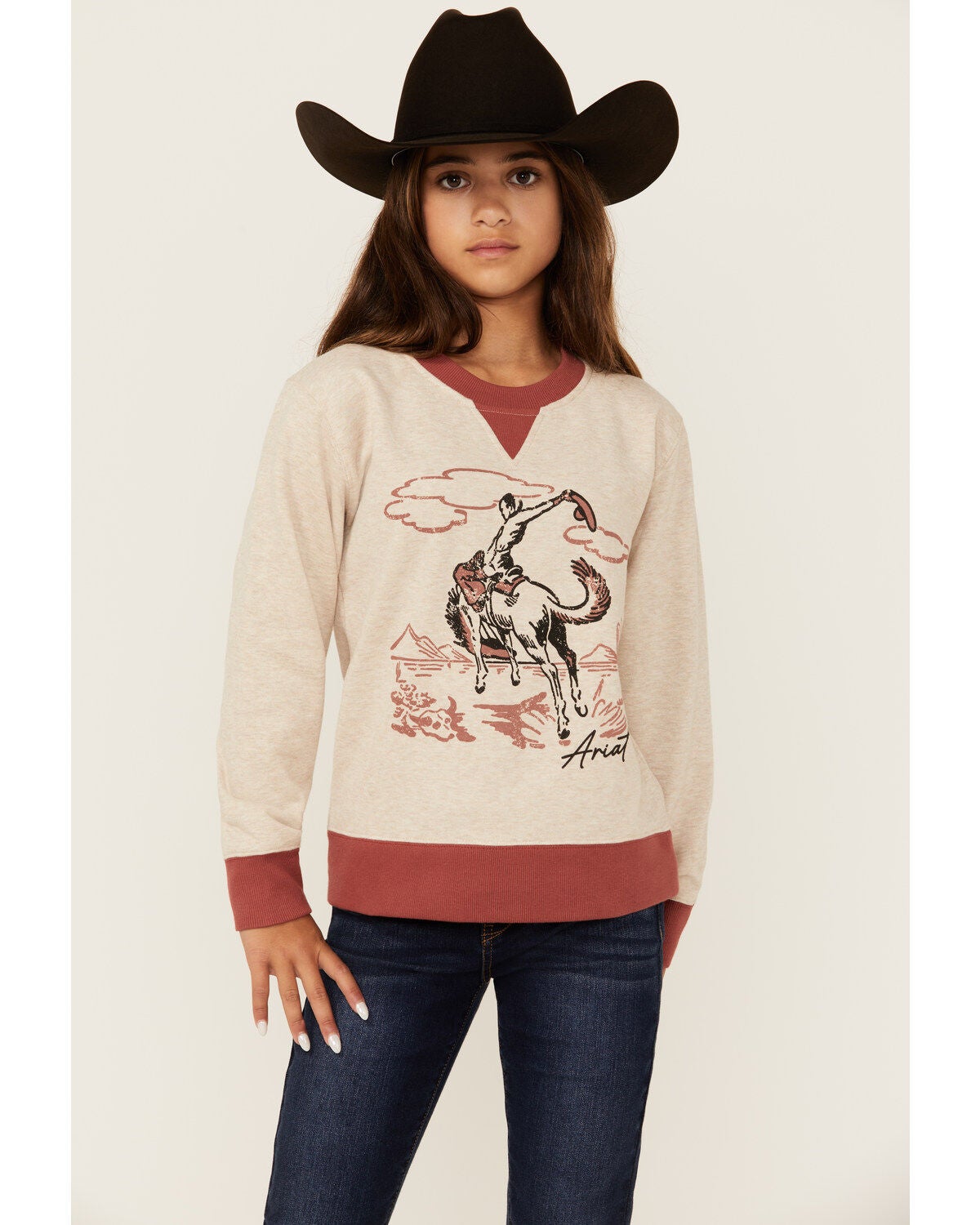 Ariat Girls' Bronco Print Long Sleeve Graphic Shirt, Oatmeal, hi-res