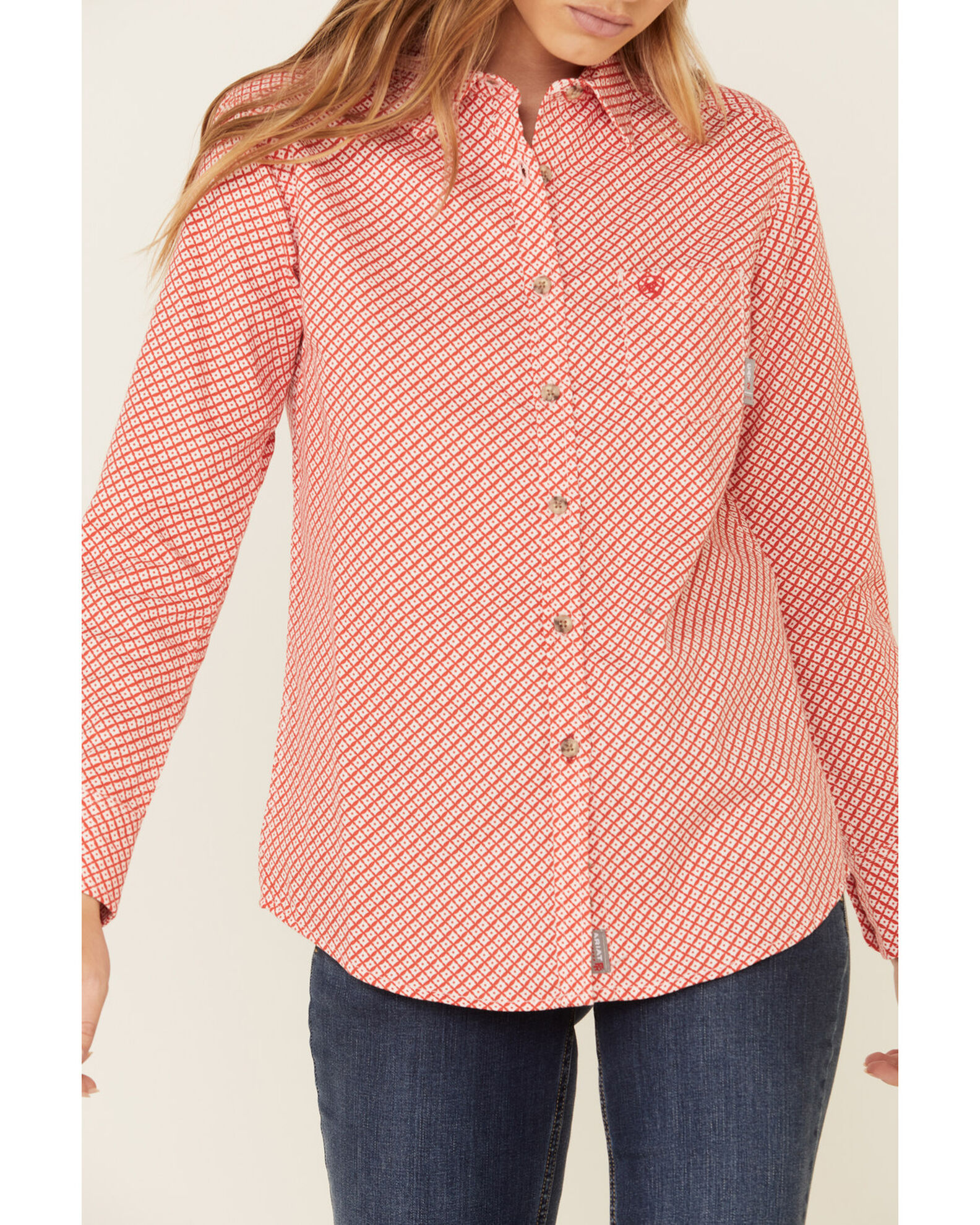 Image #3 - Ariat Women's Boot Barn Exclusive FR Sofia Geo Print Long Sleeve Button Down Work Shirt, Red, hi-res