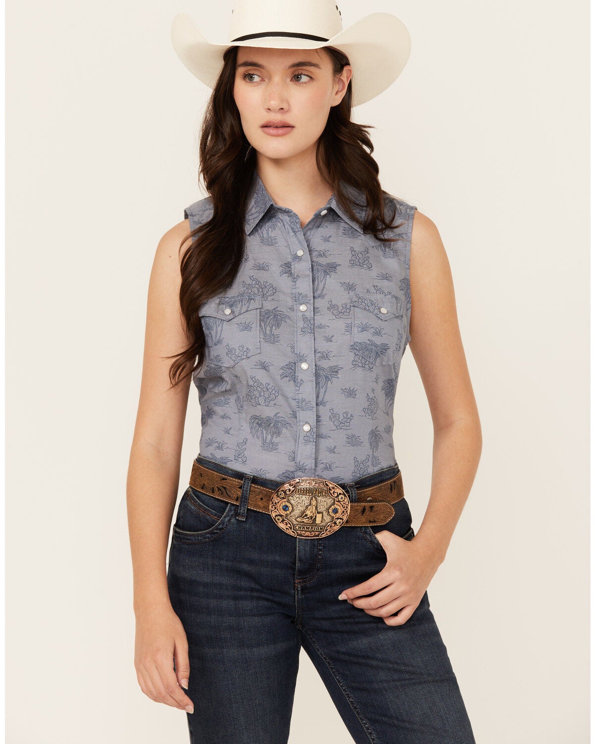 Rough Stock by Panhandle Women's Palm Tree Sleeveless Pearl Snap Western Shirt, Blue, hi-res
