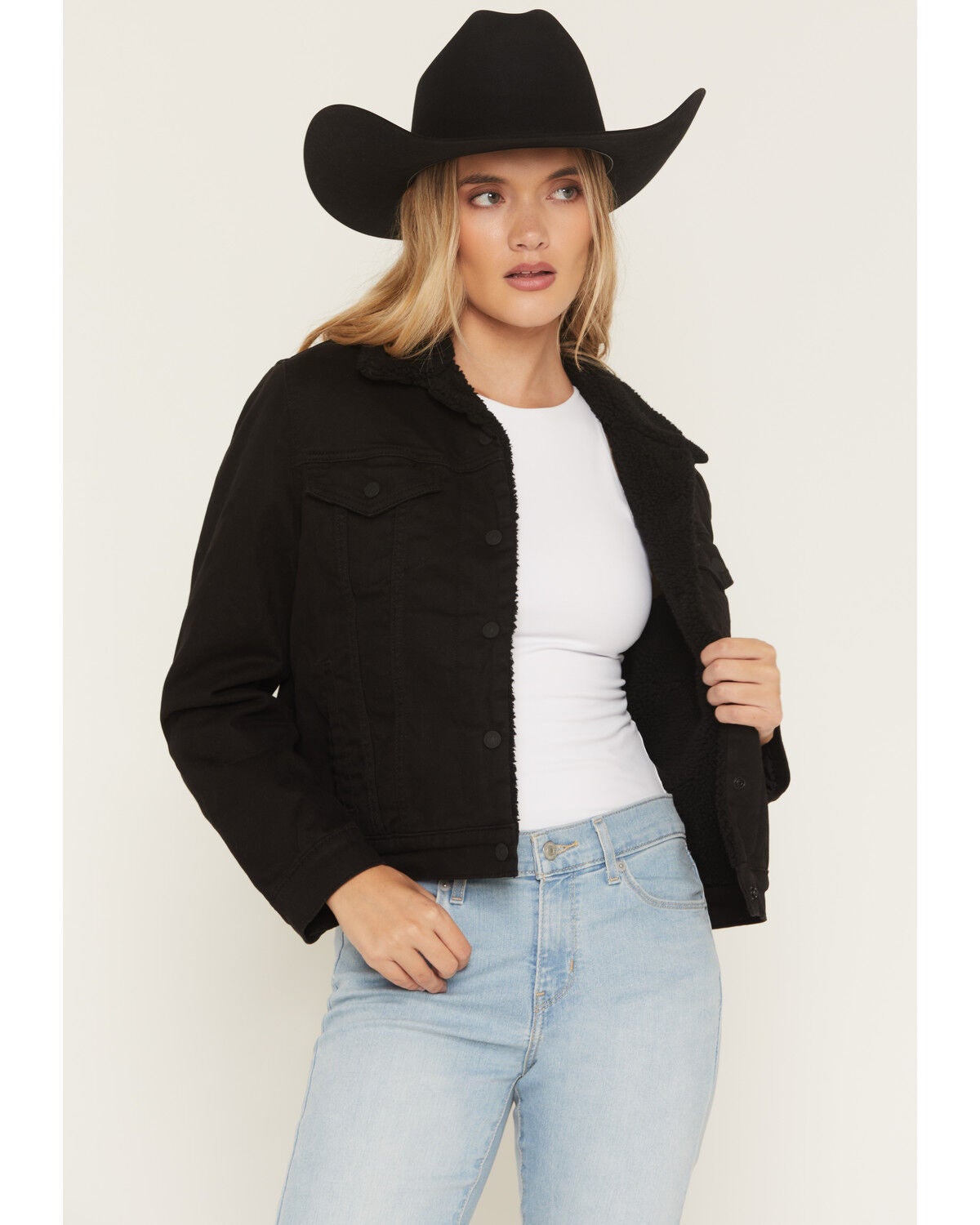 Image #1 - Levi's Women's Original Sherpa Lined Snap Trucker Denim Jacket, Black, hi-res