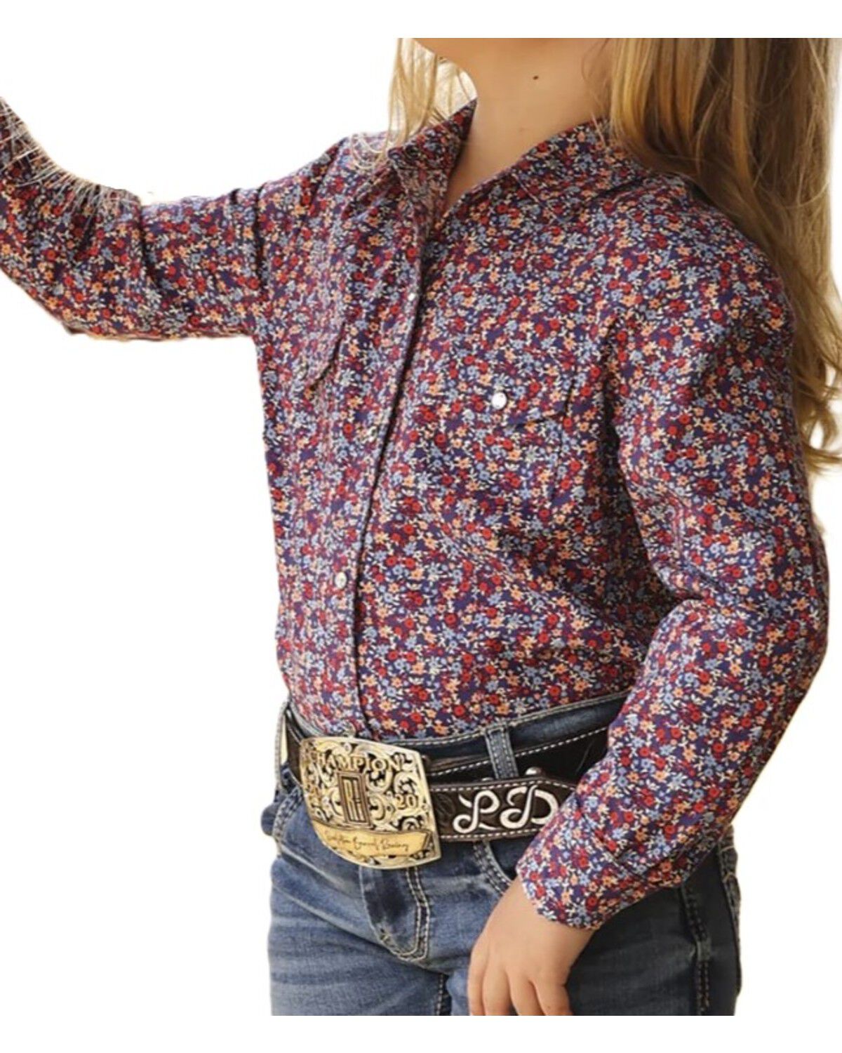 Cruel Girl Girl's Floral Print Long Sleeve Rhinestone Snap Western Shirt, Blue, hi-res