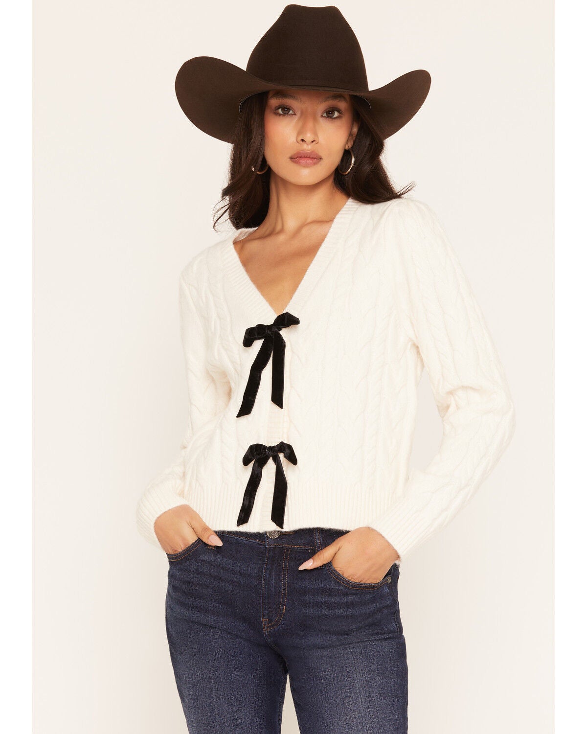 Image #1 - Sadie & Sage Women's Bow Cardigan, Cream, hi-res