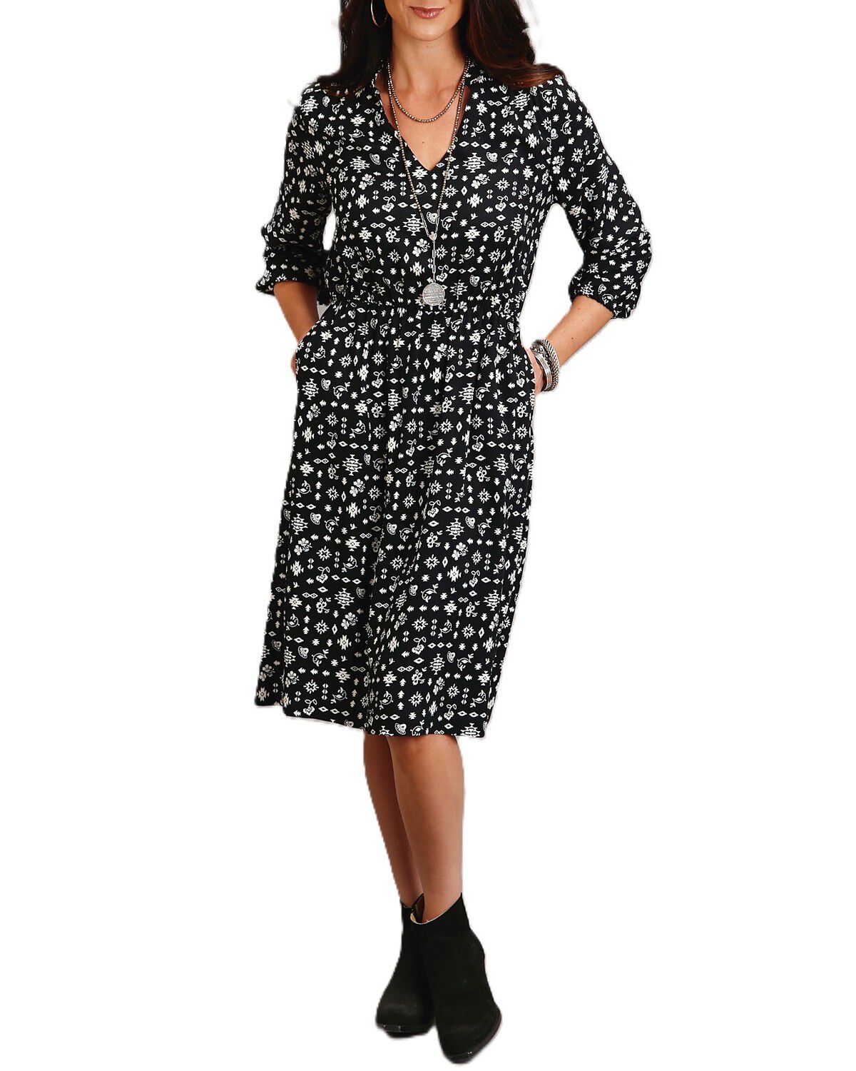 Roper Women's Southwestern Print Long Sleeve Midi Dress, Black, hi-res