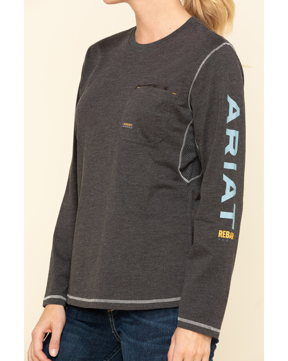 Image #4 - Ariat Women's Charcoal Heather Rebar Logo Long Sleeve Work Shirt, , hi-res