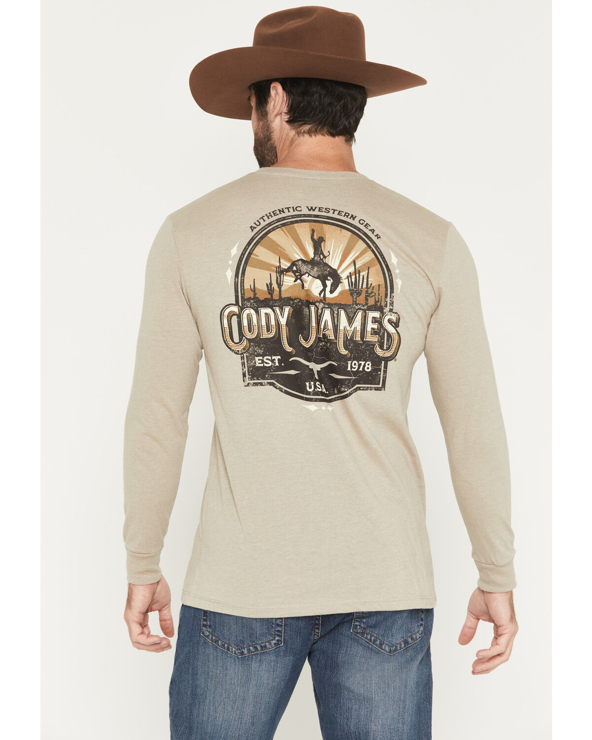 Image #1 - Cody James Men's Cowboy Sunset Long Sleeve Graphic T-Shirt, Tan, hi-res