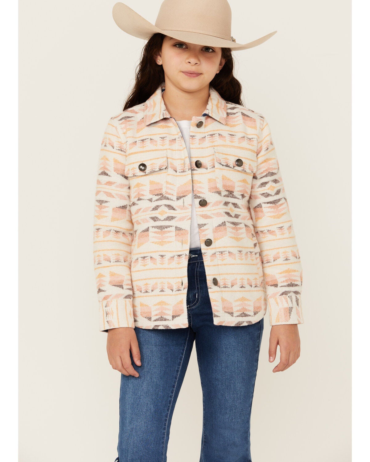Shyanne Girls' Magnolia Southwestern Print Shacket, Off White, hi-res