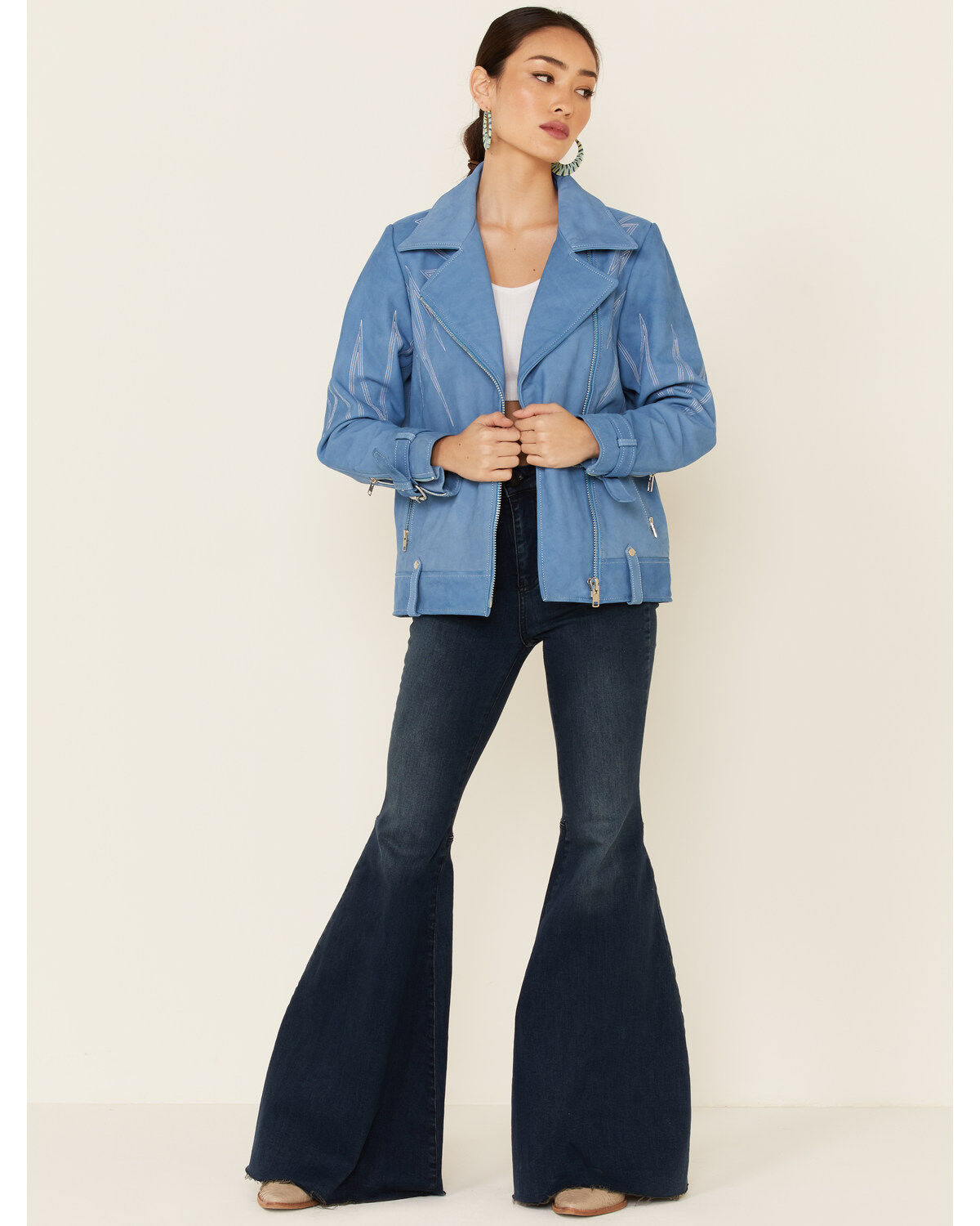 Image #5 - Understated Leather Women's Sunburst Leather Zip-Front Moto Jacket, Turquoise, hi-res
