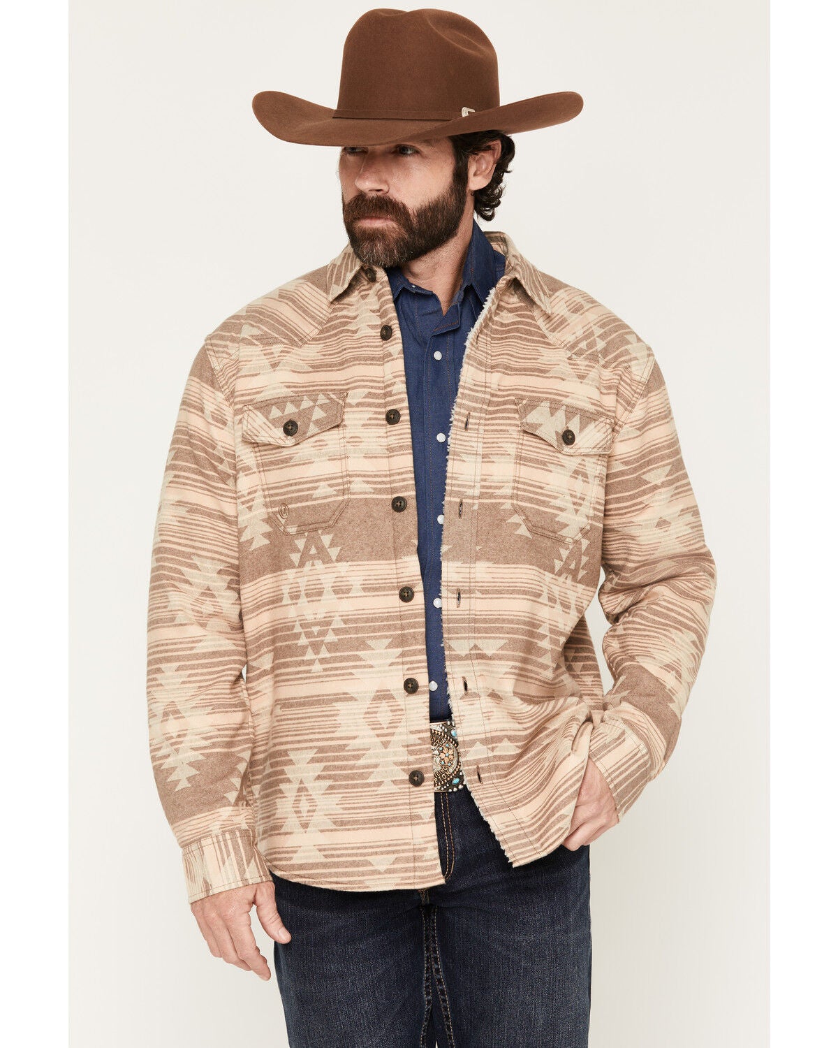 Cody James Men's Abberville Southwestern Striped Sherpa Lined Shirt Jacket, Pecan, hi-res