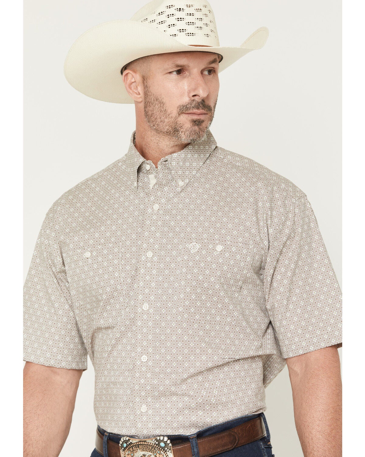 Image #2 - George Strait by Wrangler Men's Floral Geo Print Short Sleeve Button-Down Stretch Western Shirt - Big, Brown, hi-res