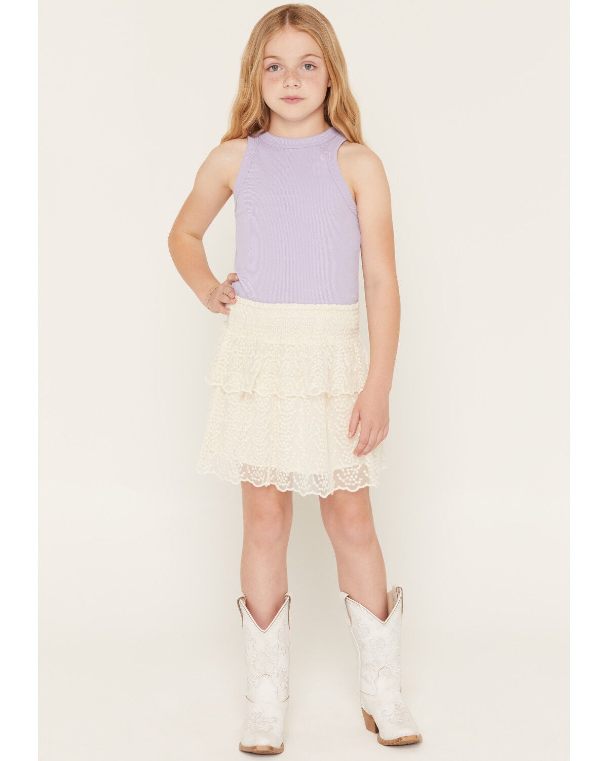 Shyanne Girls Eyelet Ruffle Skirt, Cream, hi-res