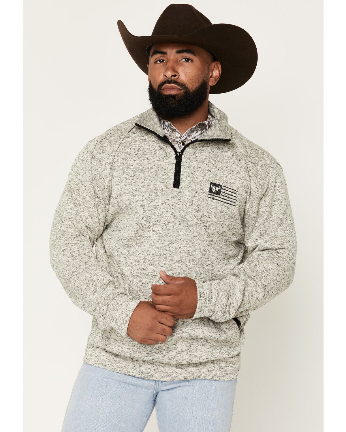 Image #1 - Cowboy Hardware Men's Steer Head Flag 1/4 Zip Pullover, Grey, hi-res