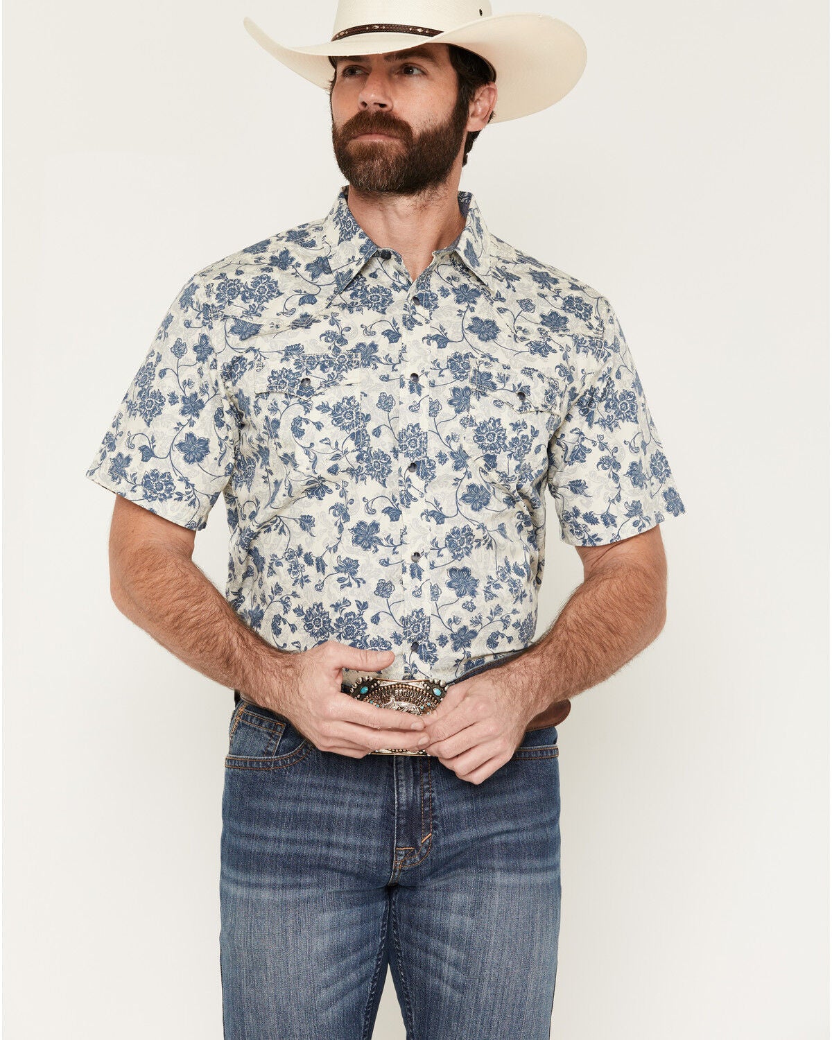Image #1 - Cody James Men's Botanical Floral Print Short Sleeve Snap Western Shirt, Off White, hi-res