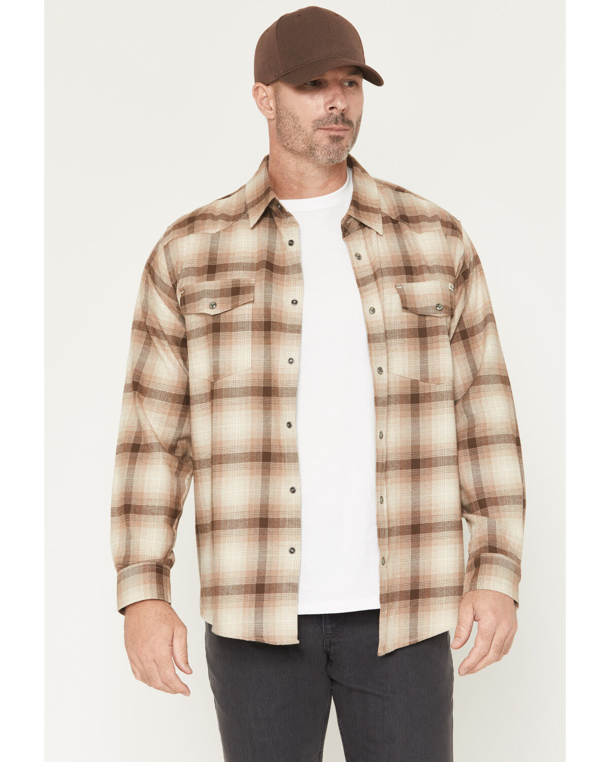 Image #1 - Thorogood Men's Plaid Print Long Sleeve Snap Flannel Shirt, Khaki, hi-res