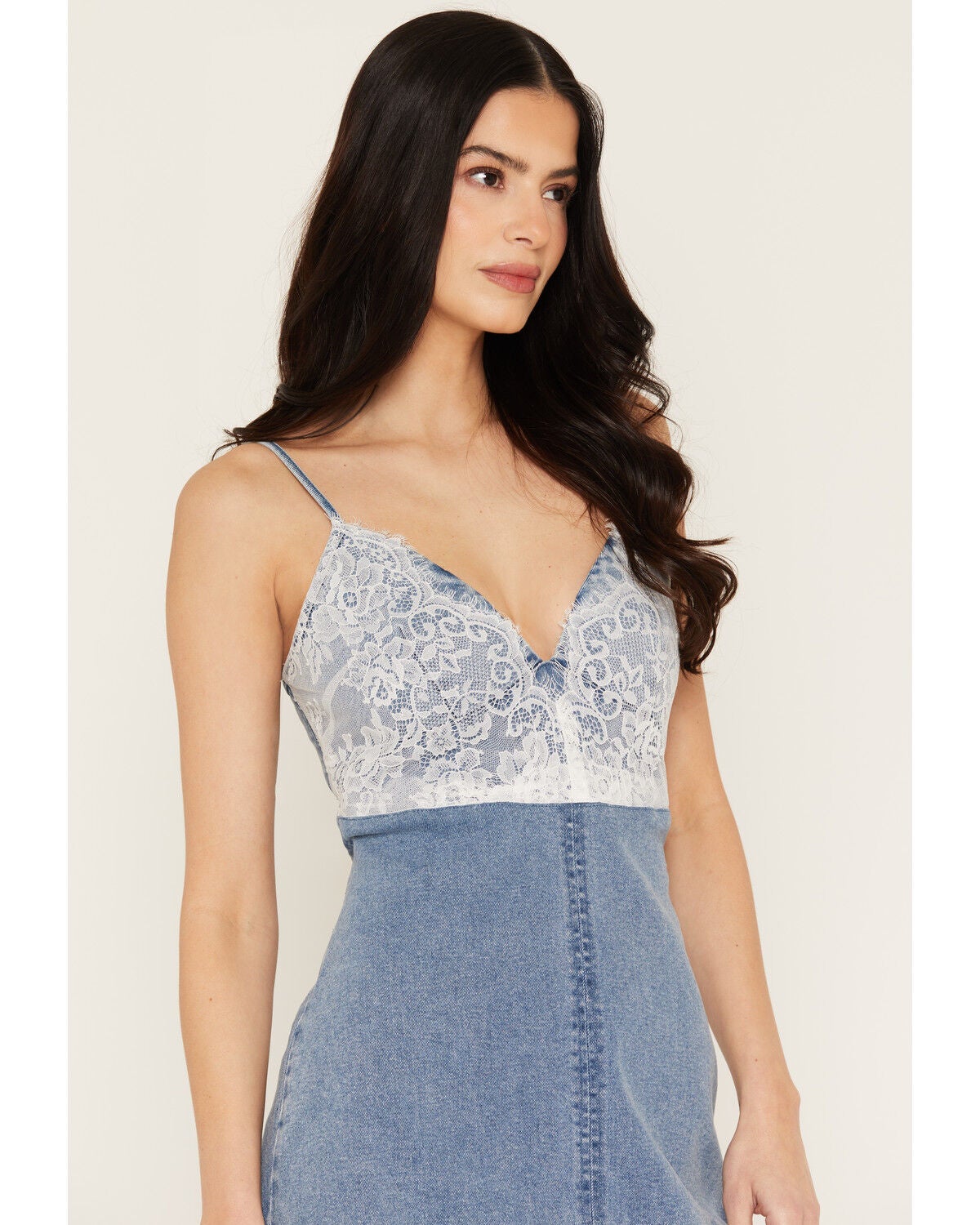 Image #2 - Blue B Women's Boot Barn Exclusive Lace Trim Sleeveless Denim Mini Dress, Medium Wash, hi-res
