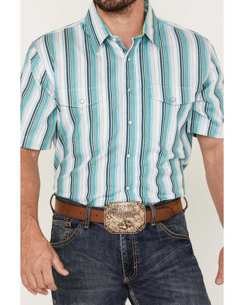 Panhandle Select Men's Serape Stripe Short Sleeve Snap Western Shirt , Aqua, hi-res