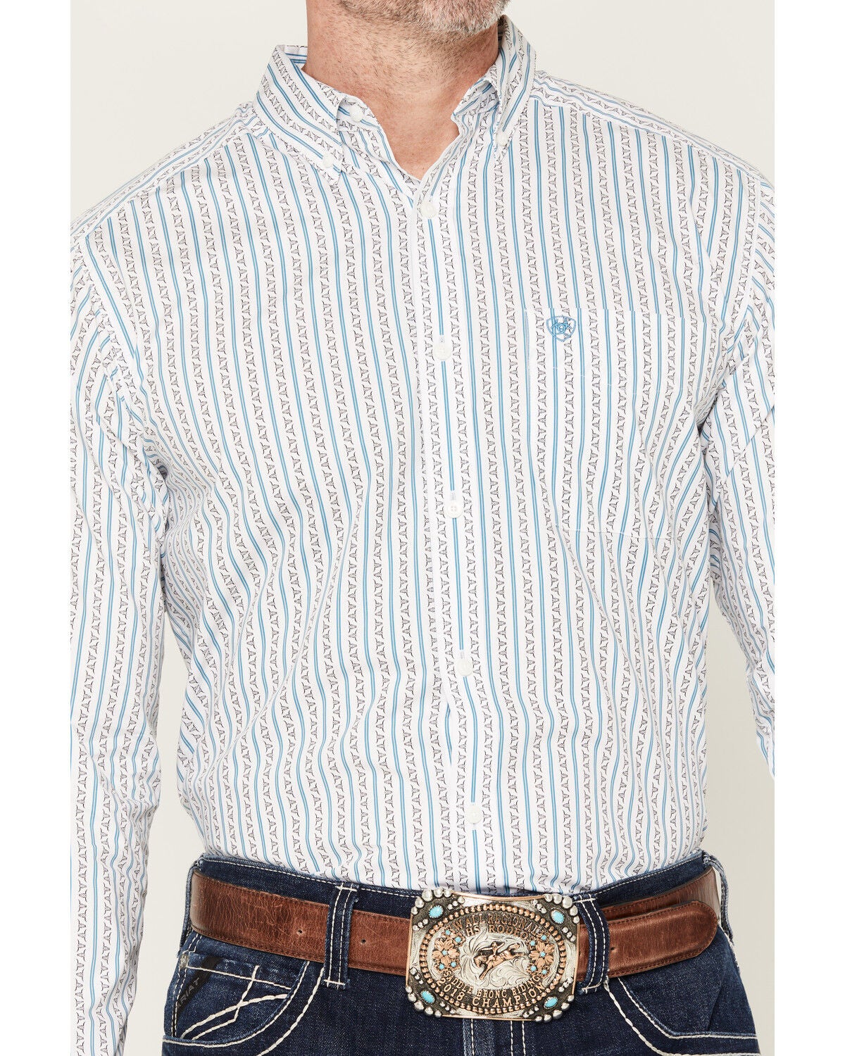 Image #3 - Ariat Men's Crow Longhorn Striped Fitted Long Sleeve Button-Down Western Shirt, White, hi-res