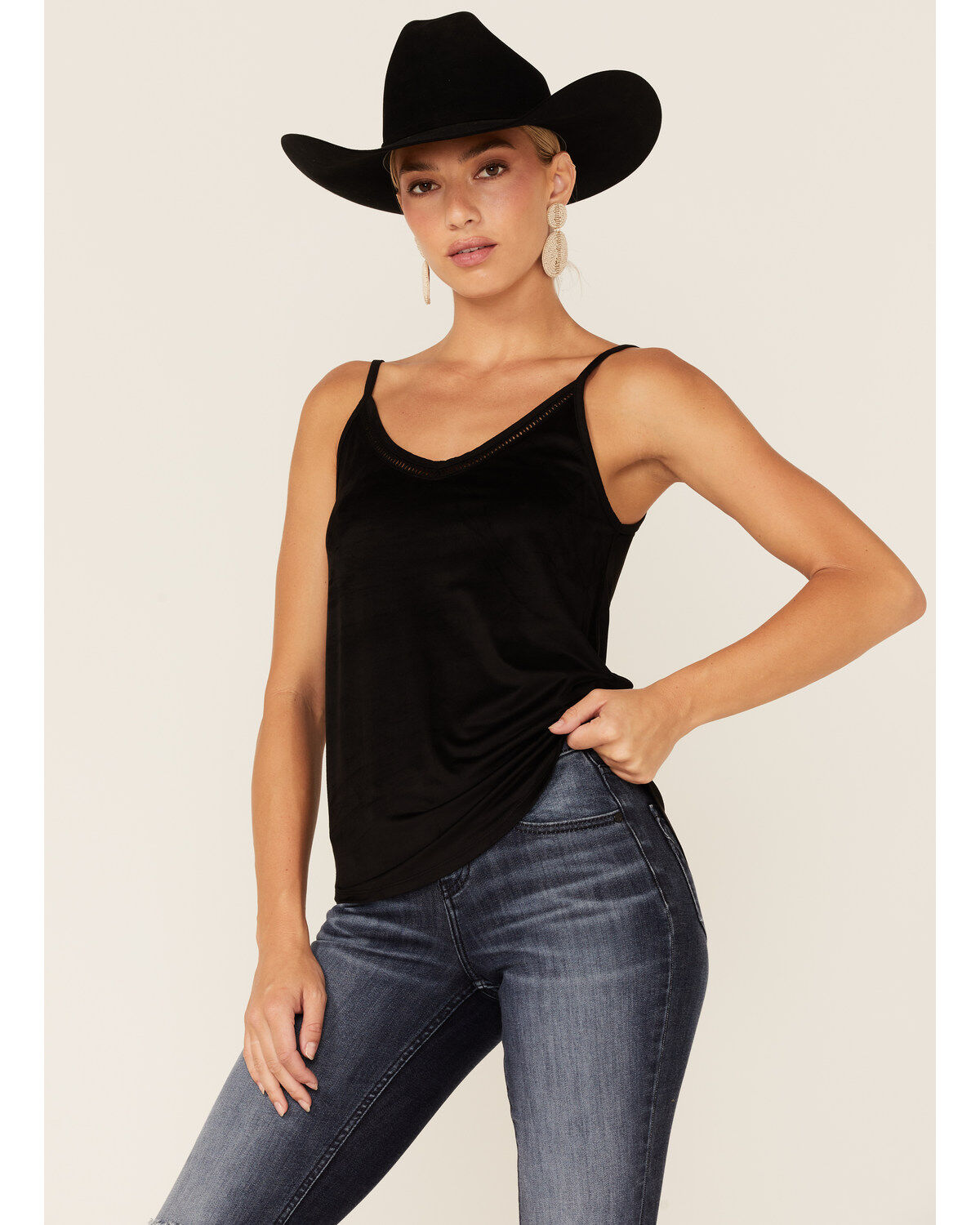 Image #1 - Shyanne Women's Faux Suede Latter Trim Cami, Black, hi-res