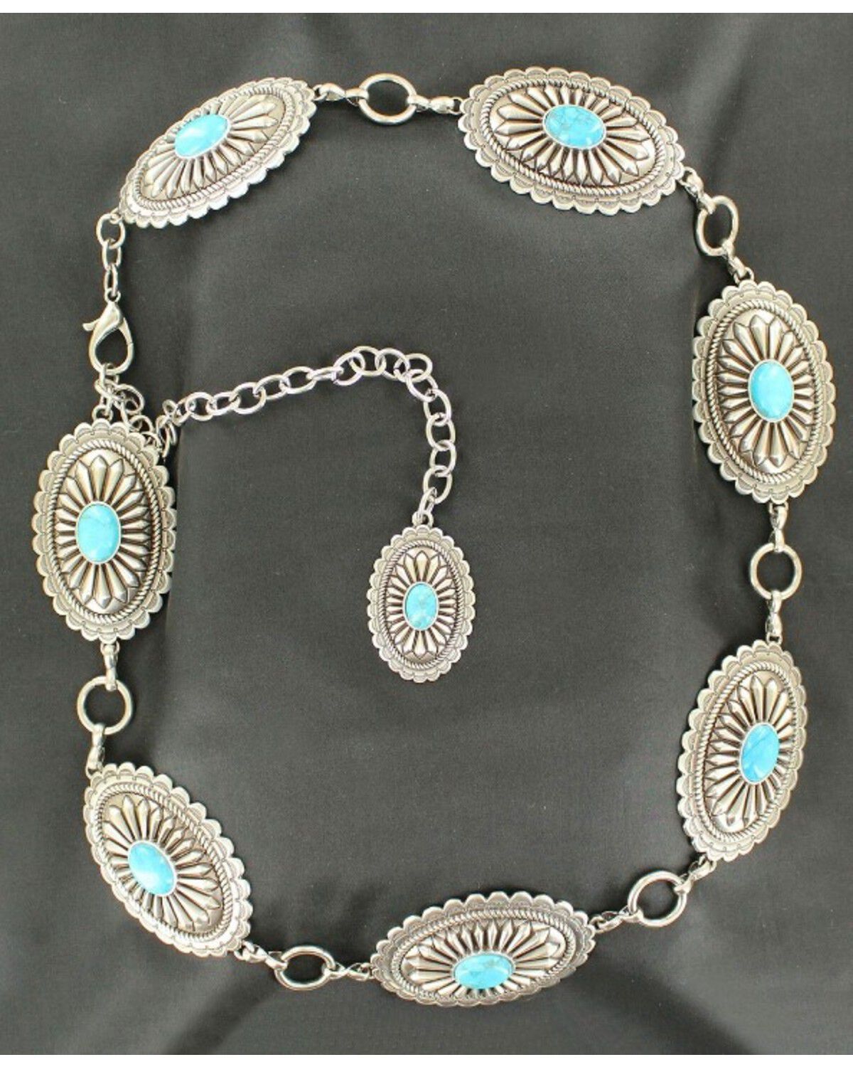 Ariat Women's Oval Turquoise Concho Chain Belt, Silver, hi-res