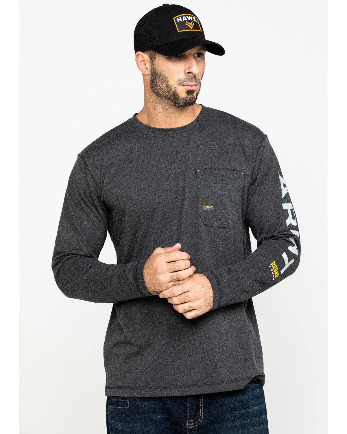 Ariat Men's Rebar Workman Logo Long Sleeve Work Shirt, Charcoal, hi-res