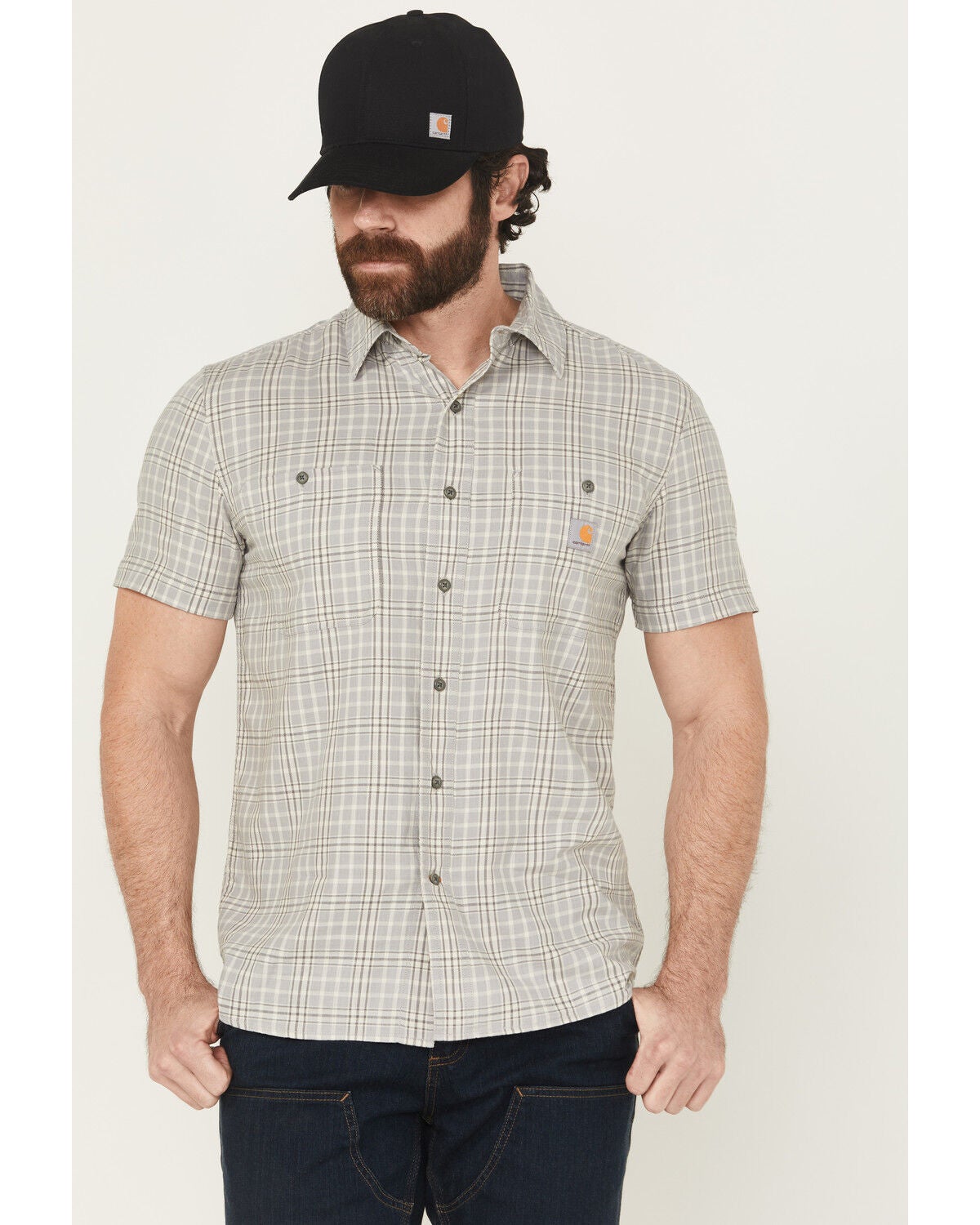 Carhartt Men's Rugged Flex&reg; Relaxed Fit Lightweight Short Sleeve Plaid Print Button-Down Stretch Work Shirt, Grey, hi-res