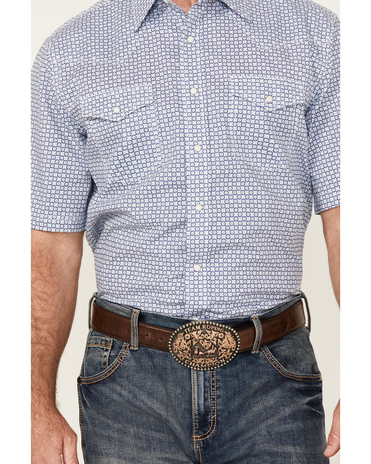 Image #3 - Wrangler 20X Men's Geo Print Short Sleeve Snap Stretch Western Shirt, Blue, hi-res