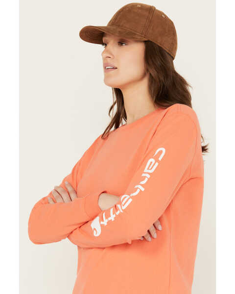 Image #2 - Carhartt Women's Loose Fit Heavyweight Long Sleeve Logo Graphic Work Tee, Coral, hi-res